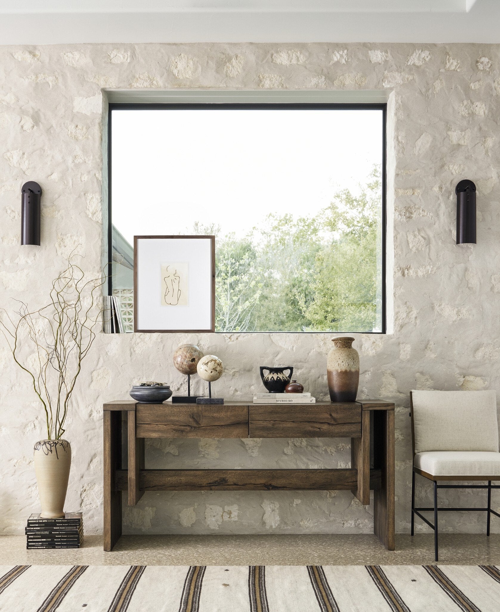 Four Hands Organic Stone Sculptures, Set Of 3 — Romano Fosse Travertine-Matte Black Iron-Black Marble
