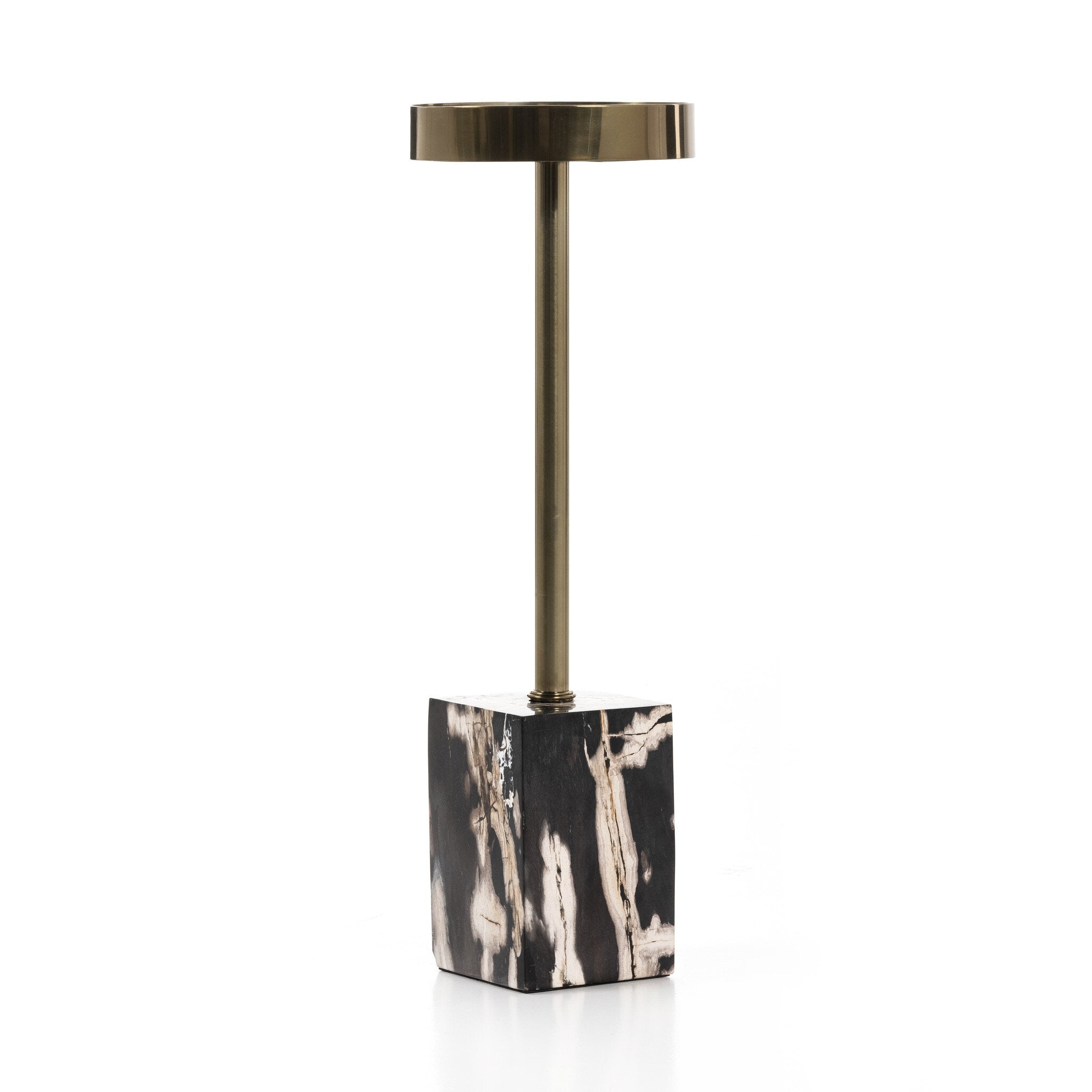Four Hands Bevin End Table — Dark Petrified Wood-Shiny Brass