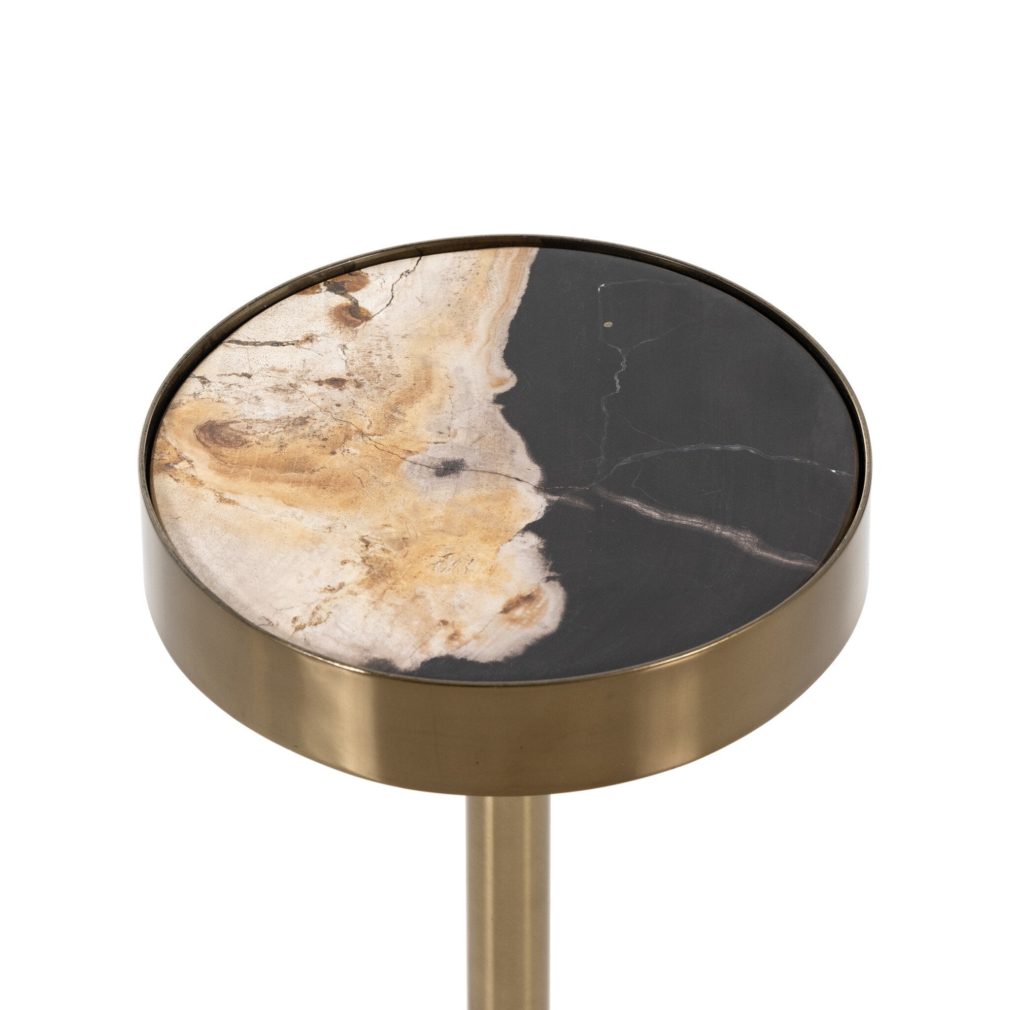Four Hands Bevin End Table — Dark Petrified Wood-Shiny Brass