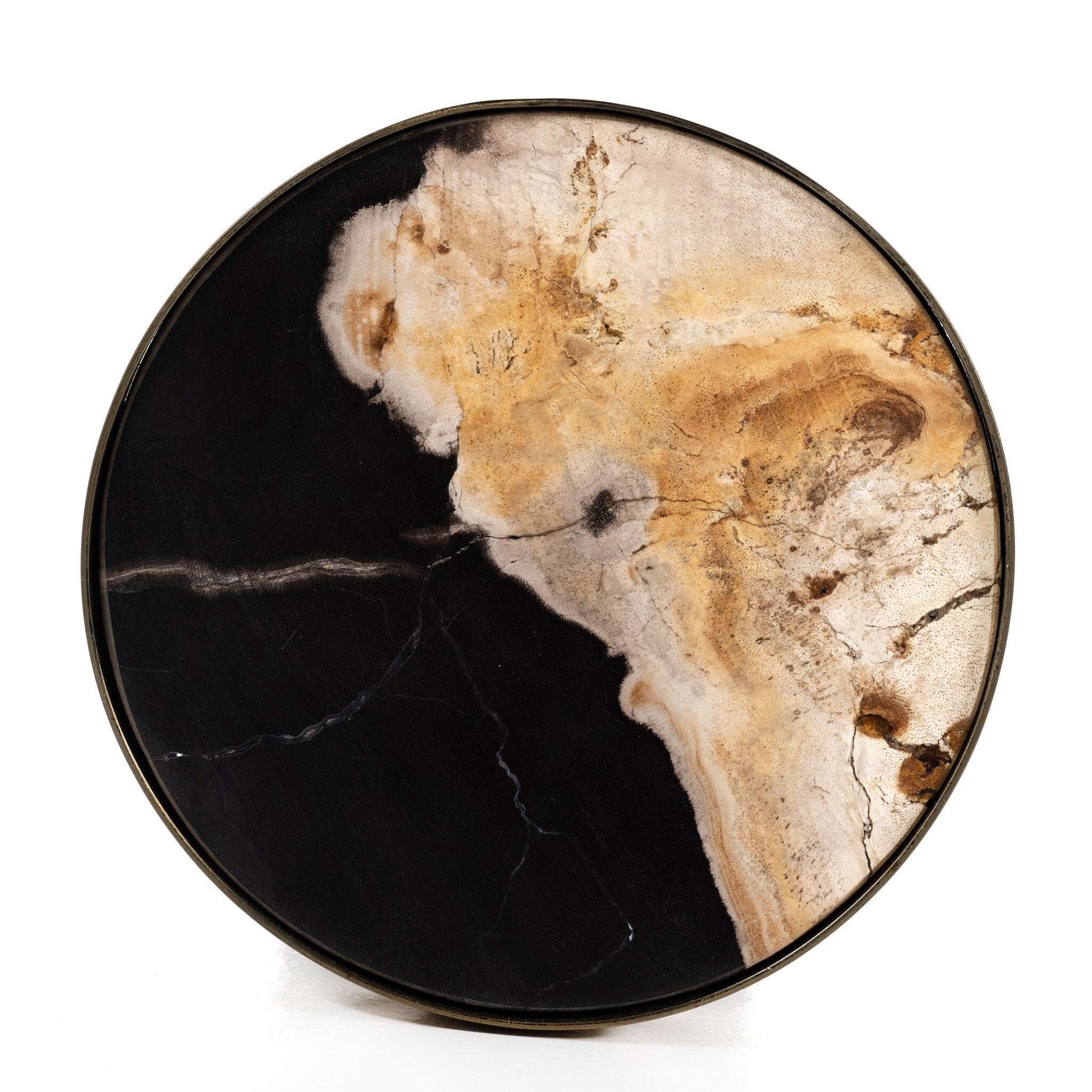 Four Hands Bevin End Table — Dark Petrified Wood-Shiny Brass