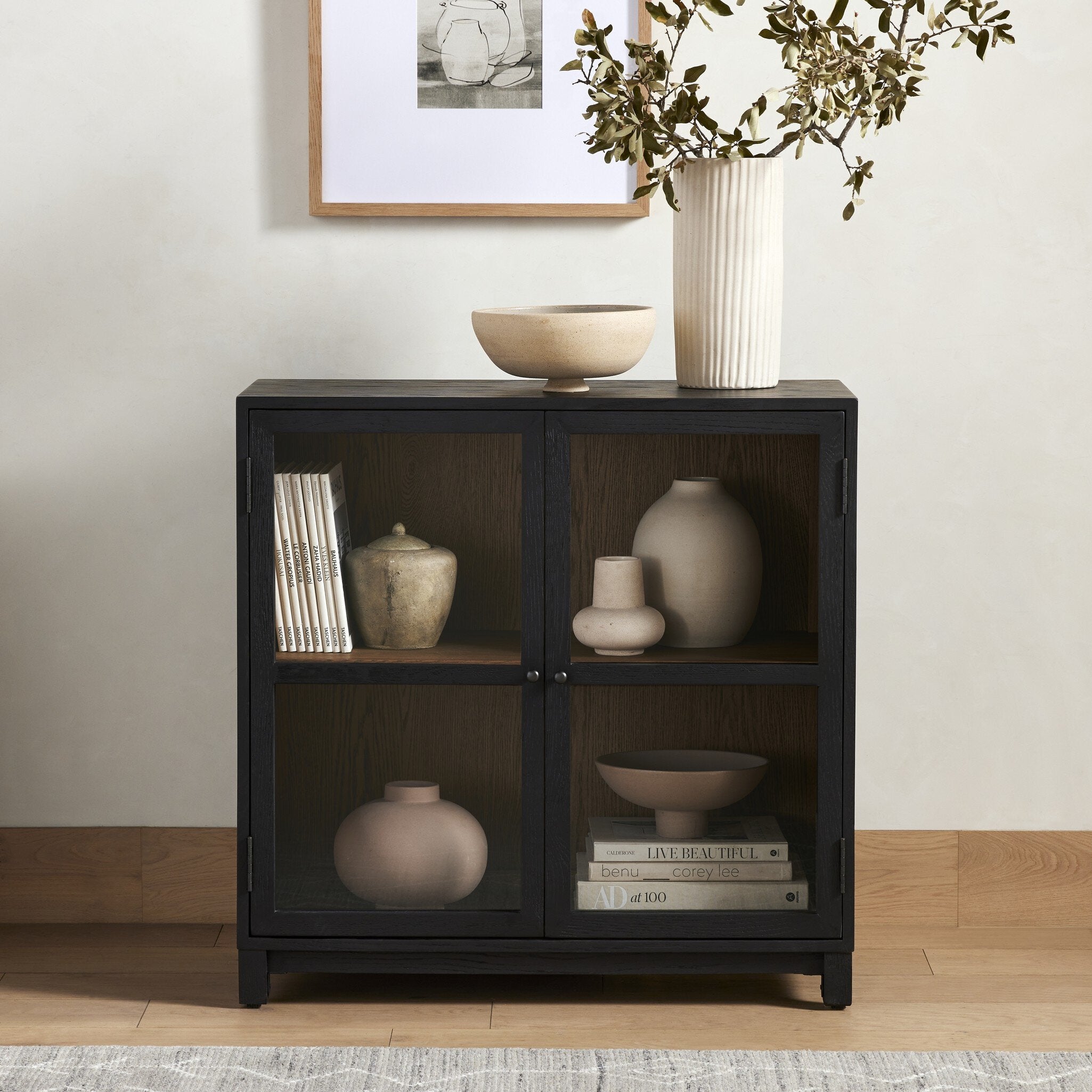 Four Hands Millie Small Cabinet — Drifted Matte Black-Drifted Oak Veneer-Antique Pewter