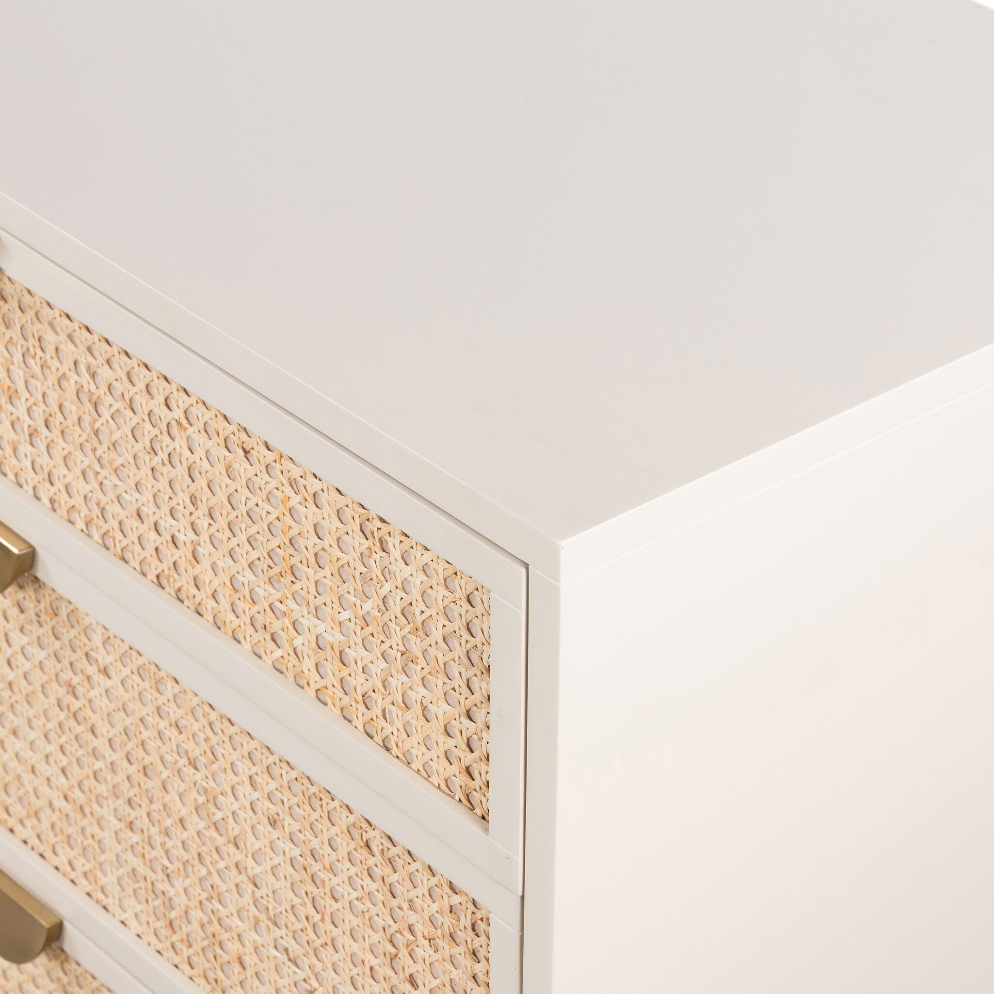 Four Hands Luella 6 Drawer Dresser — Matte Alabaster-Aged Brass-Light Natural Cane