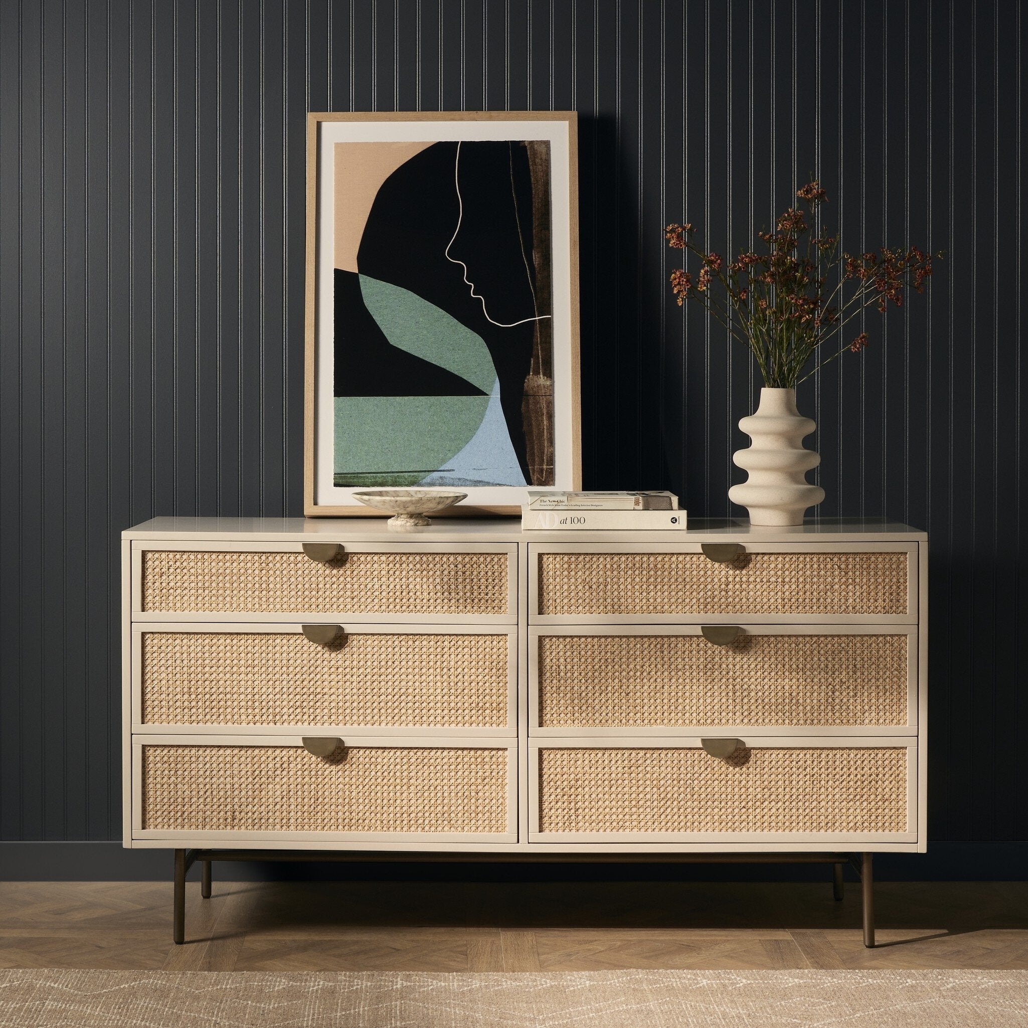 Four Hands Luella 6 Drawer Dresser — Matte Alabaster-Aged Brass-Light Natural Cane