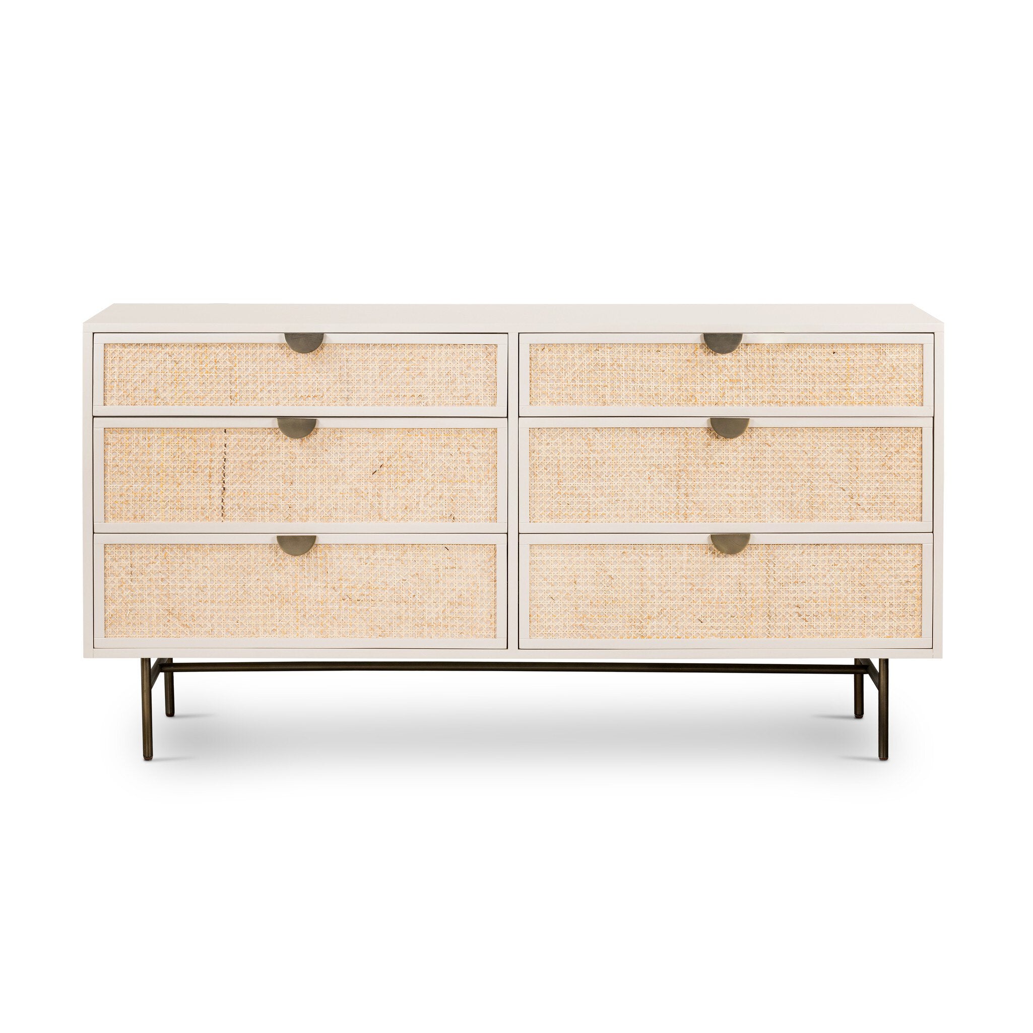 Four Hands Luella 6 Drawer Dresser — Matte Alabaster-Aged Brass-Light Natural Cane
