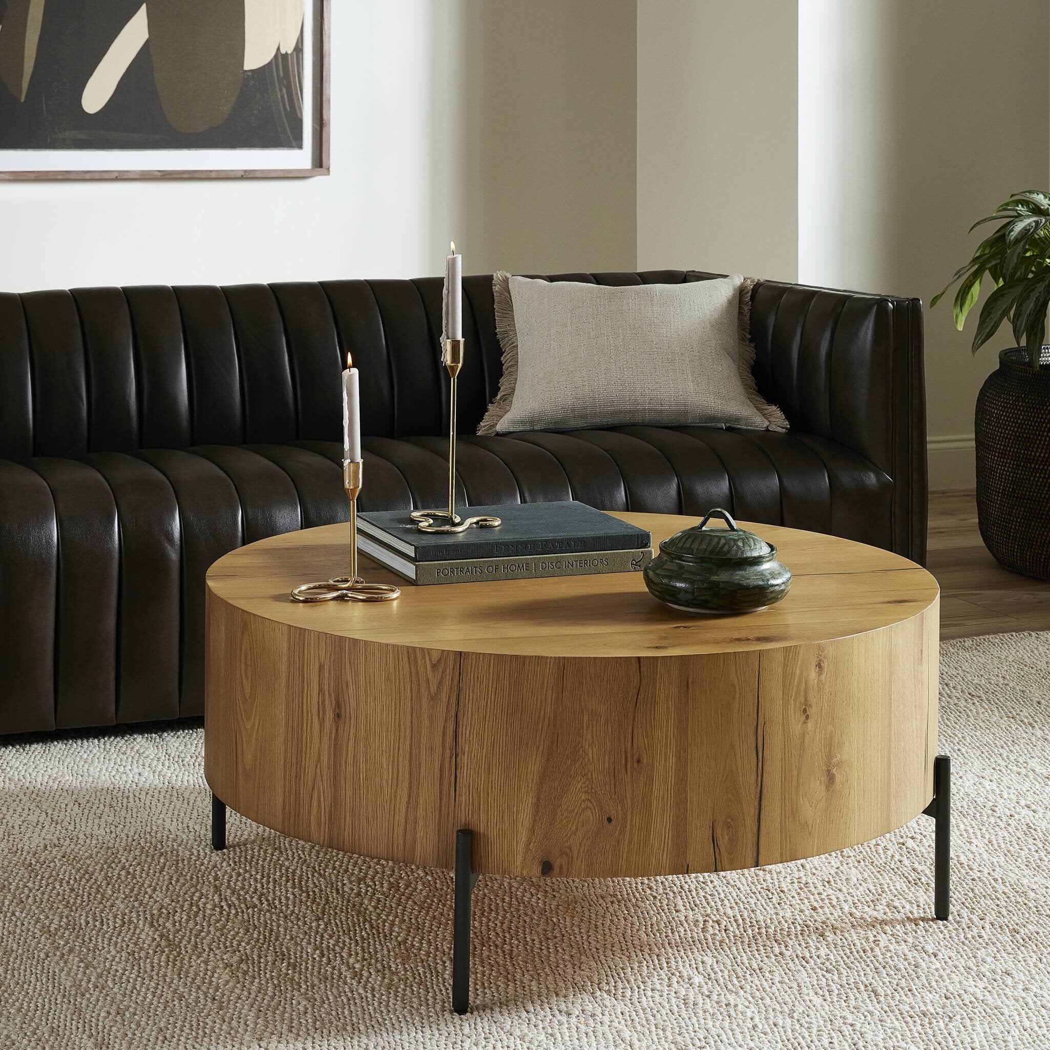 Four Hands Eaton Drum Coffee Table — Light Oak Resin-Dark Gunmetal