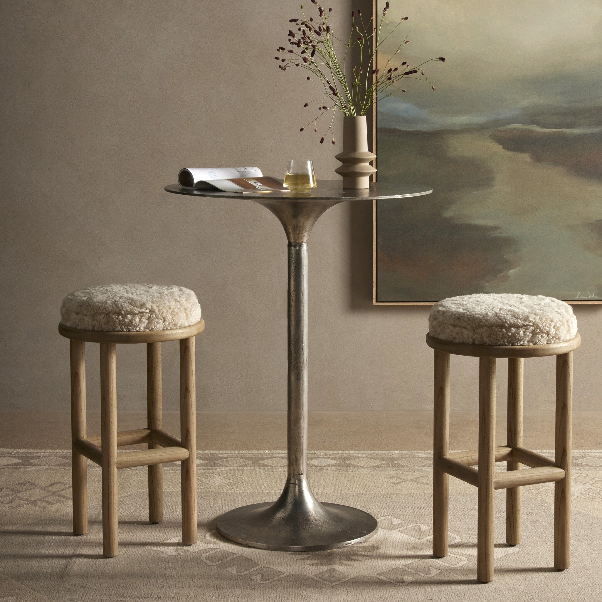 Four Hands Saldino Bar + Counter Stool — Beige Shearling-Blonde Nettlewood-Counter