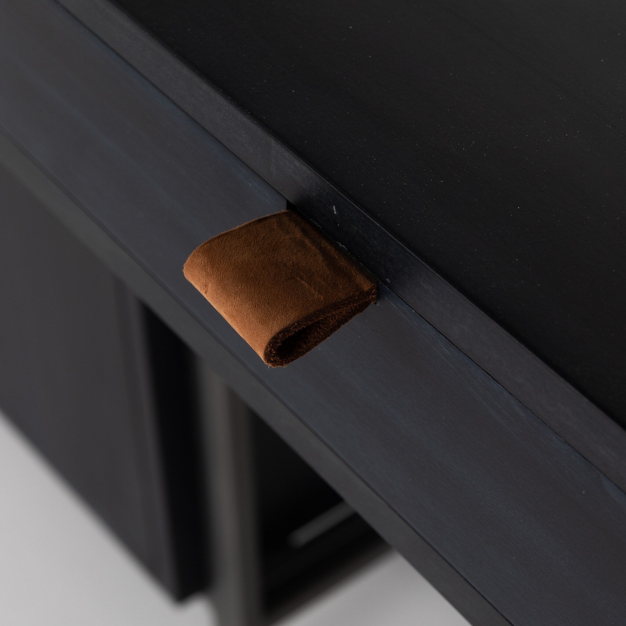 Four Hands Trey Modular Wall Desk With 2 Bookcases — Black Wash Poplar-Natural Iron-Toffee Leather
