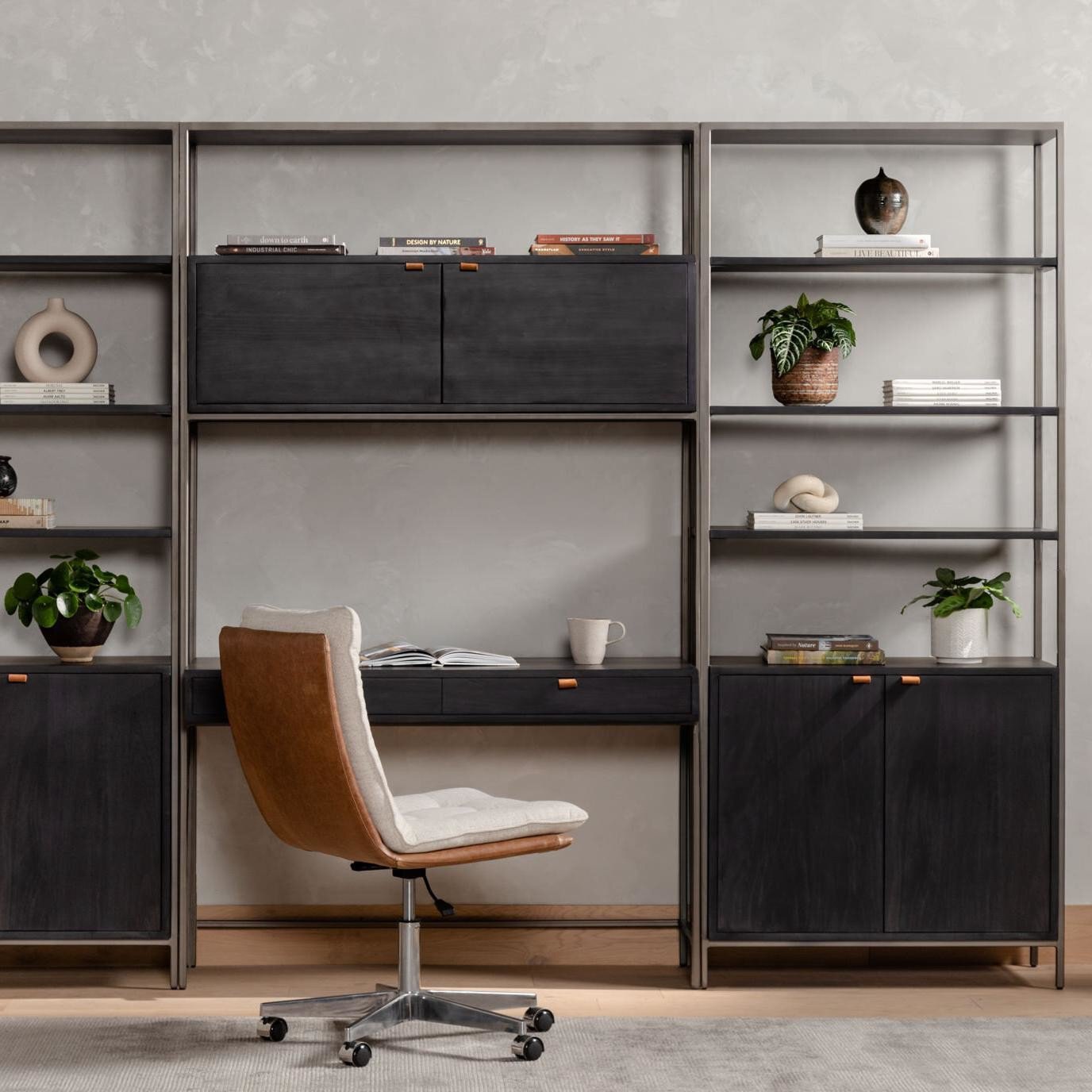 Four Hands Trey Modular Wall Desk With 2 Bookcases — Black Wash Poplar-Natural Iron-Toffee Leather