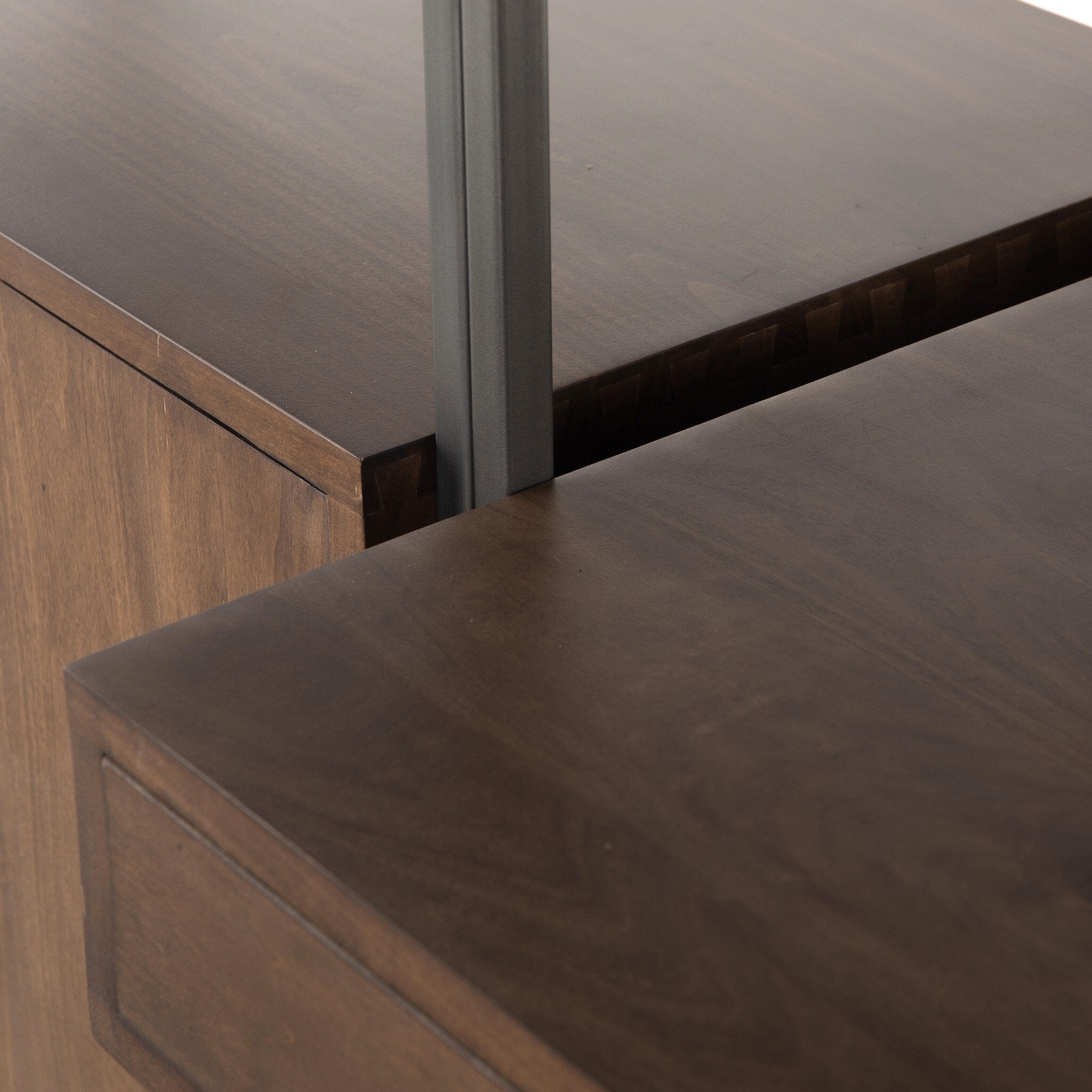 Four Hands Trey Modular Wall Desk With 2 Bookcases — Auburn Poplar-Natural Iron-Black Leather