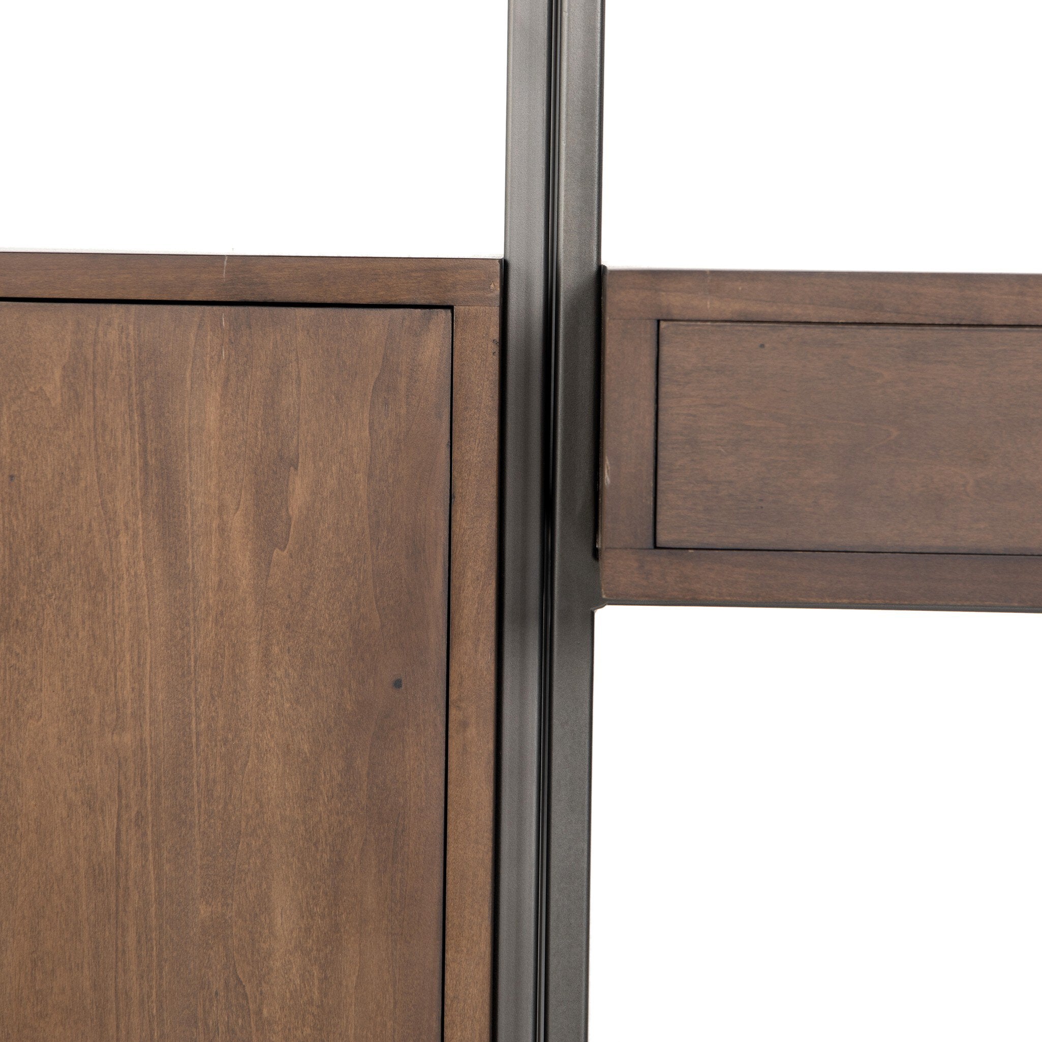 Four Hands Trey Modular Wall Desk With 2 Bookcases — Auburn Poplar-Natural Iron-Black Leather