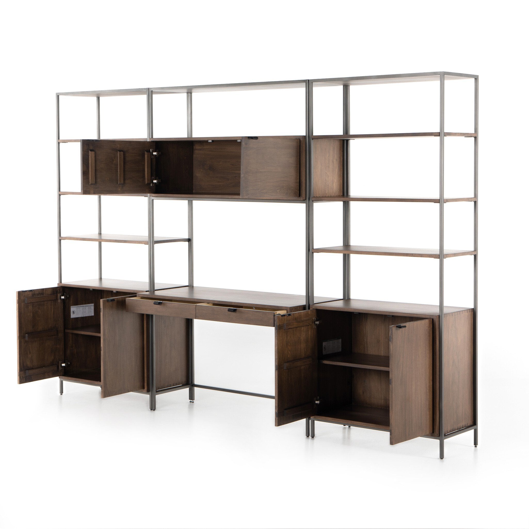 Four Hands Trey Modular Wall Desk With 2 Bookcases — Auburn Poplar-Natural Iron-Black Leather