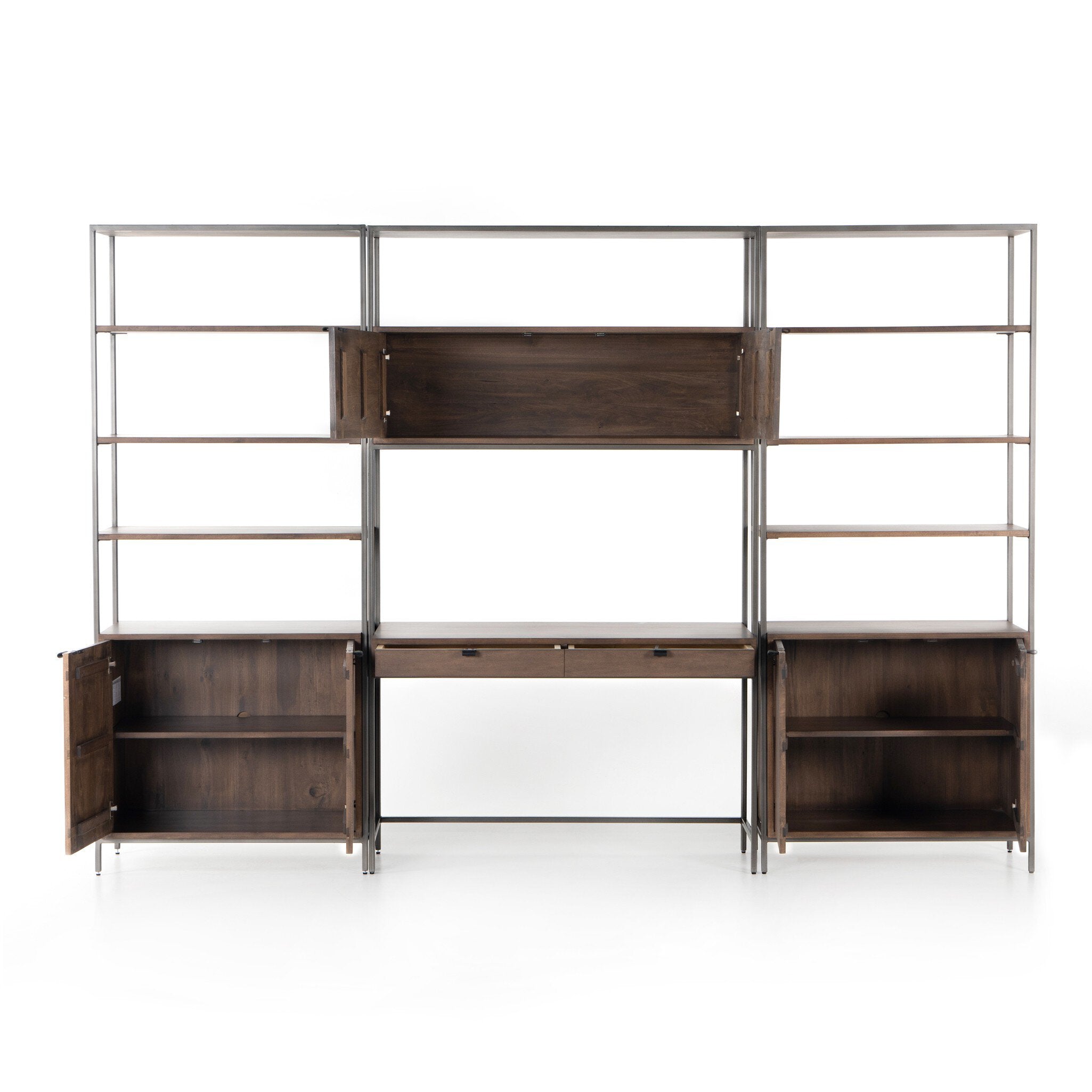 Four Hands Trey Modular Wall Desk With 2 Bookcases — Auburn Poplar-Natural Iron-Black Leather