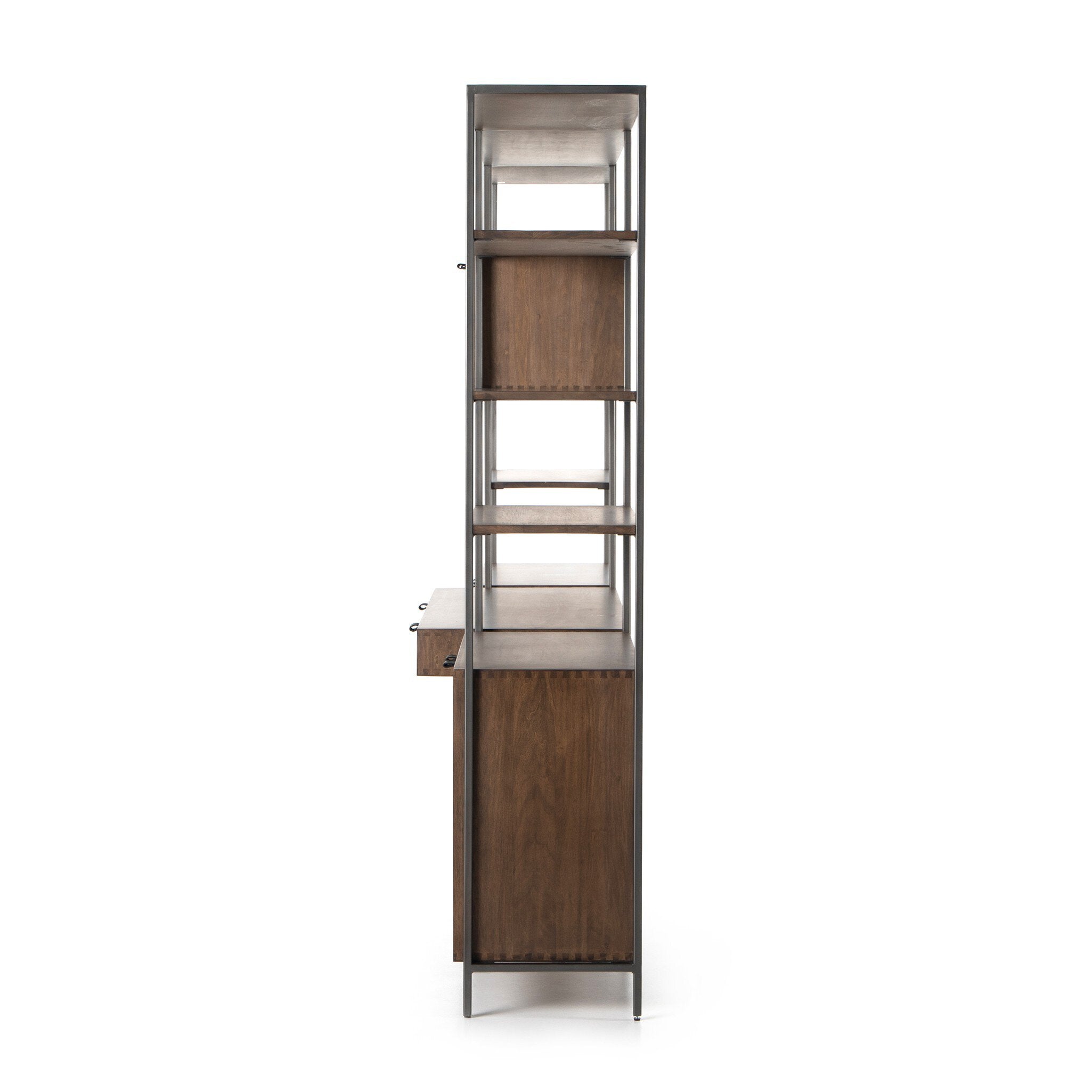 Four Hands Trey Modular Wall Desk With 2 Bookcases — Auburn Poplar-Natural Iron-Black Leather