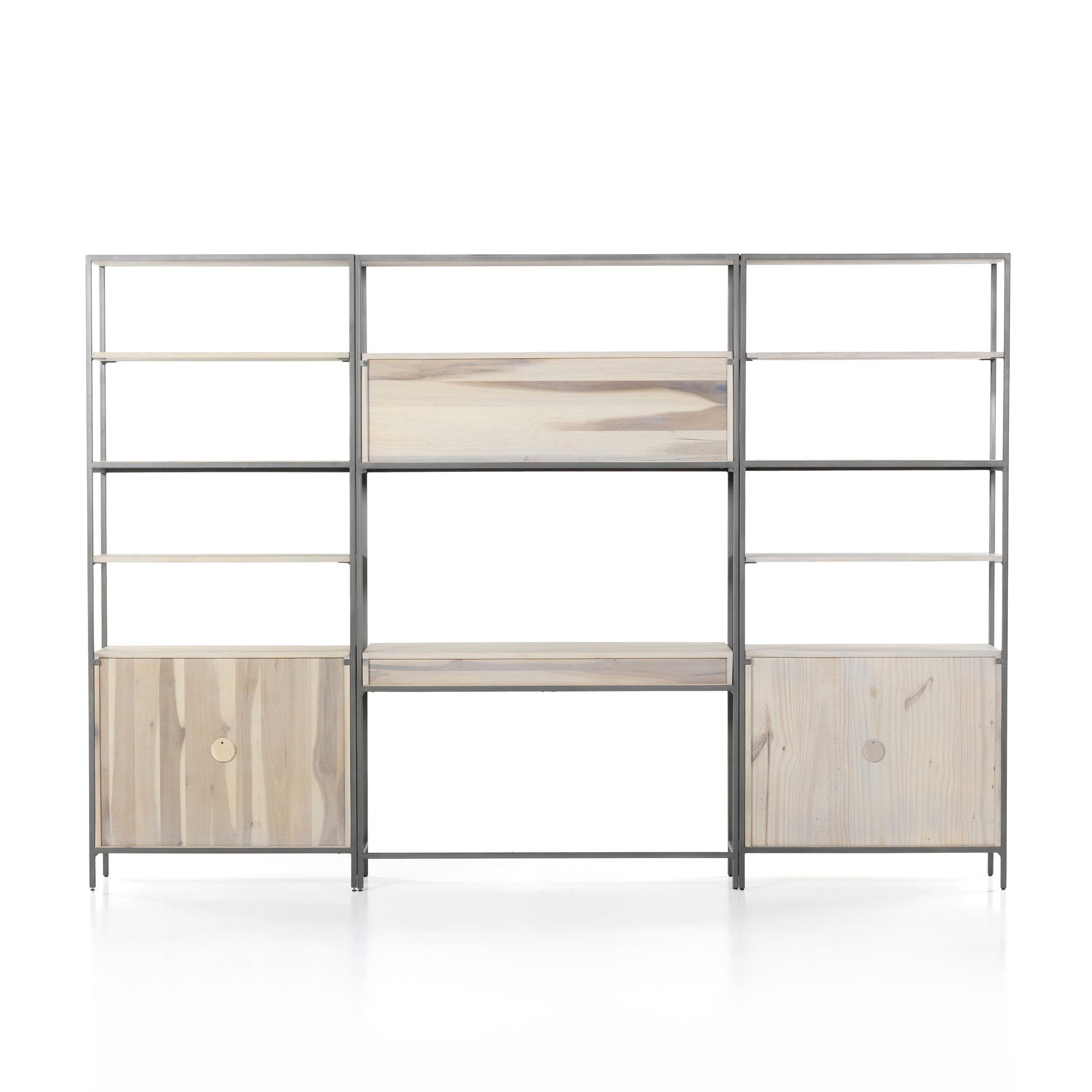Four Hands Trey Modular Wall Desk With 2 Bookcases — Dove Poplar-Natural Iron-Toffee Leather
