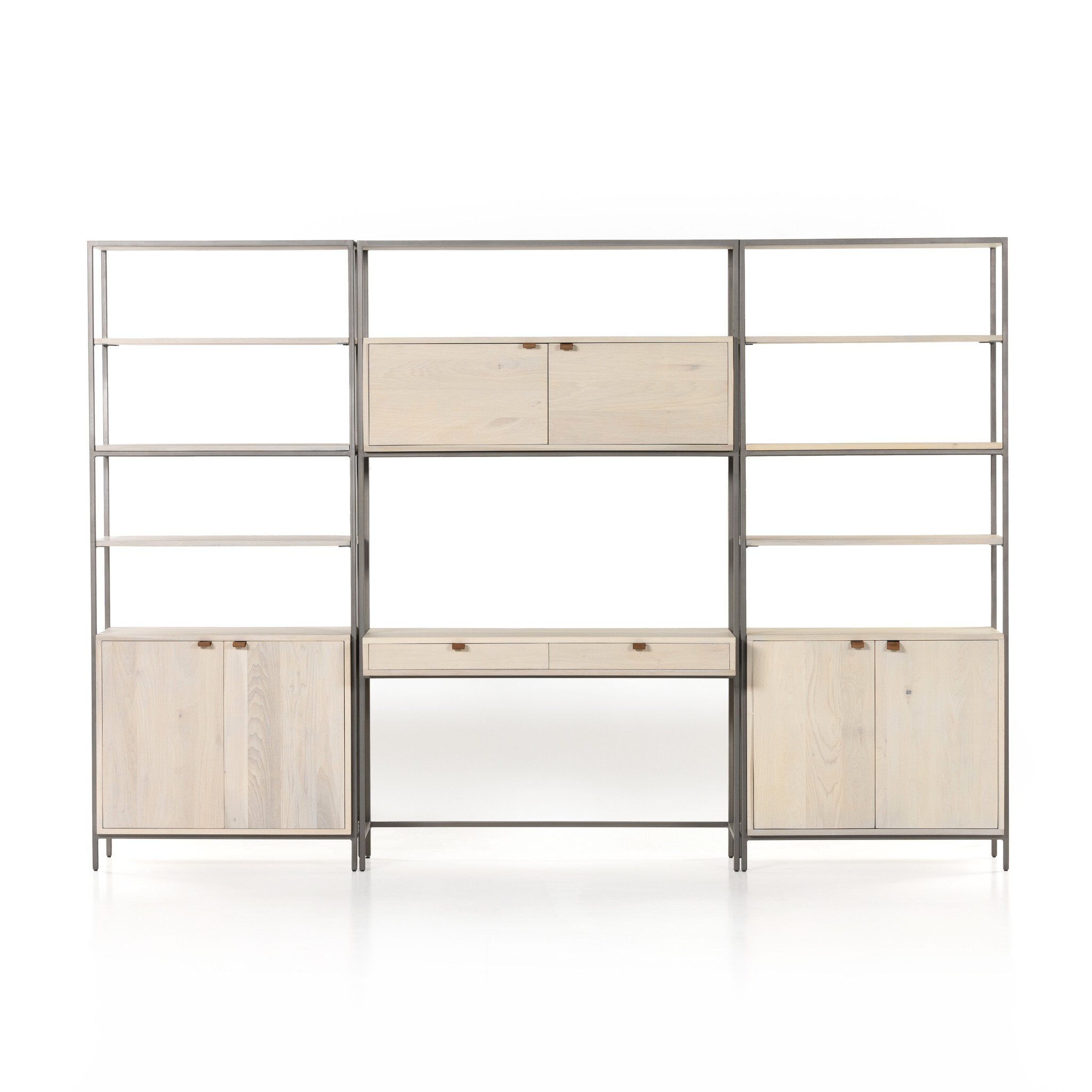 Four Hands Trey Modular Wall Desk With 2 Bookcases — Dove Poplar-Natural Iron-Toffee Leather