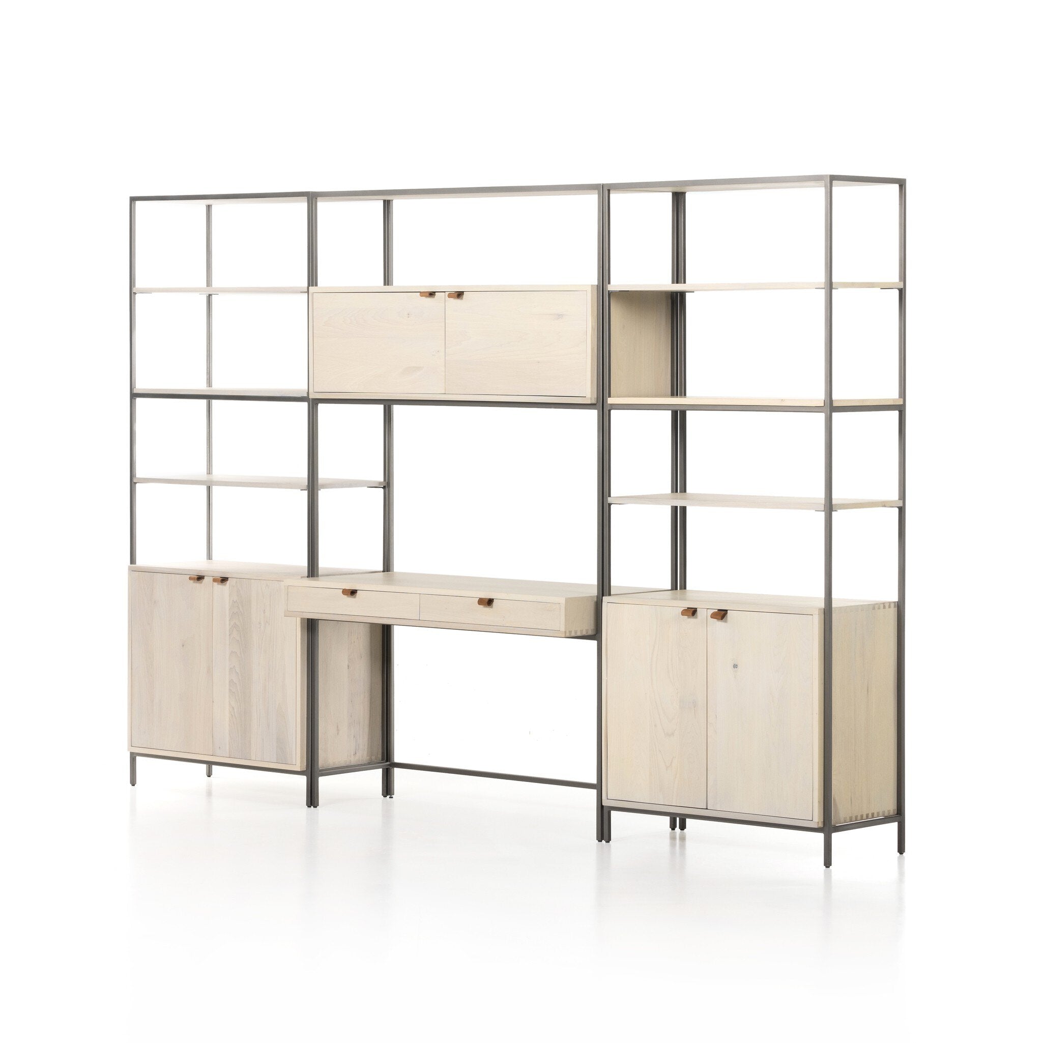 Four Hands Trey Modular Wall Desk With 2 Bookcases — Dove Poplar-Natural Iron-Toffee Leather