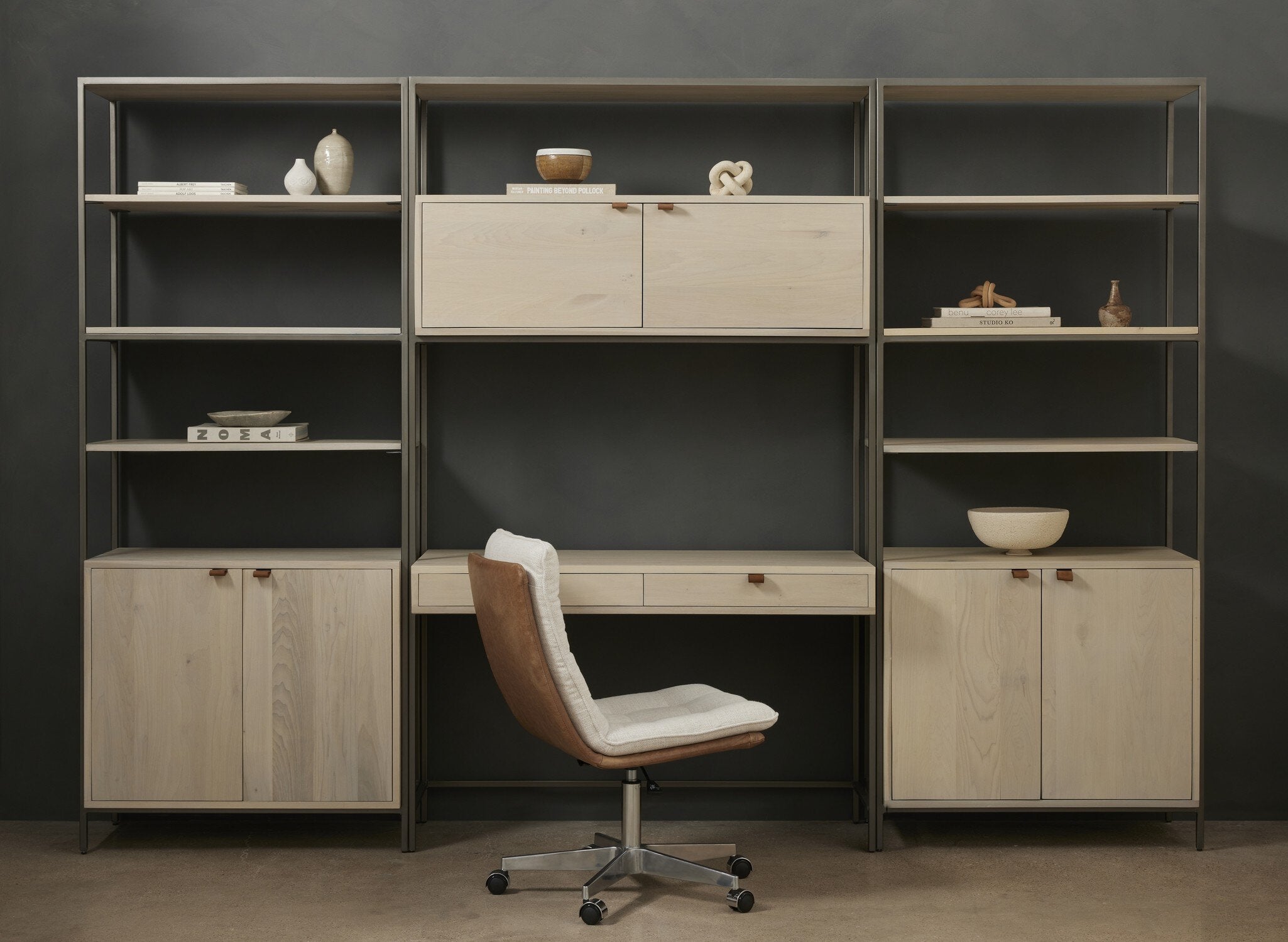 Four Hands Trey Modular Wall Desk With 2 Bookcases — Dove Poplar-Natural Iron-Toffee Leather