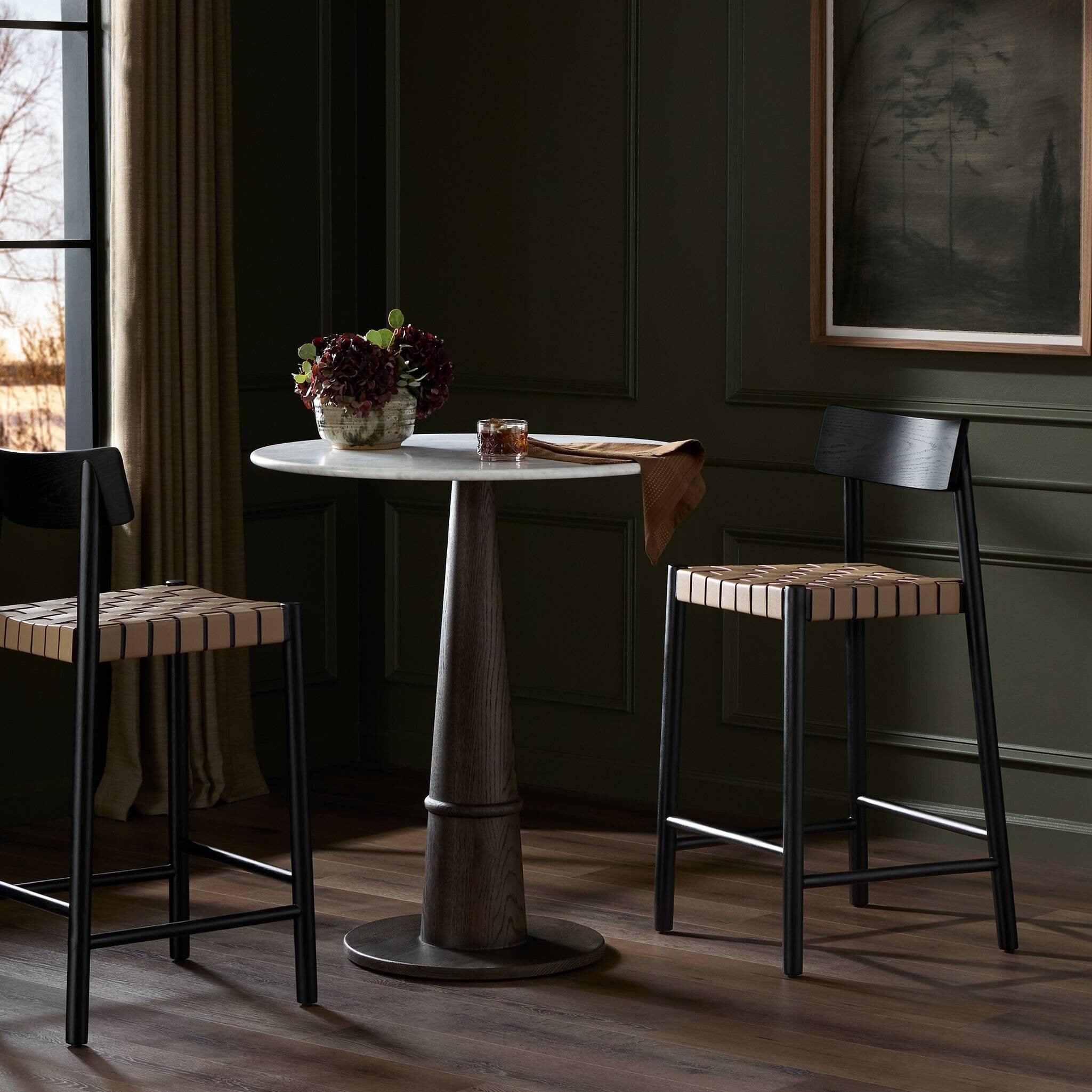 Four Hands Heisler Bar + Counter Stool — Almond Leather Blend-Black-Black Veneer-Bar