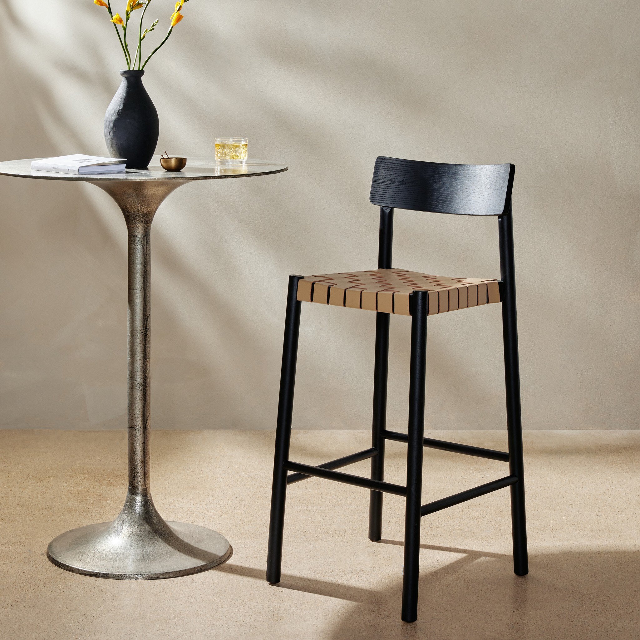 Four Hands Heisler Bar + Counter Stool — Almond Leather Blend-Black-Black Veneer-Bar