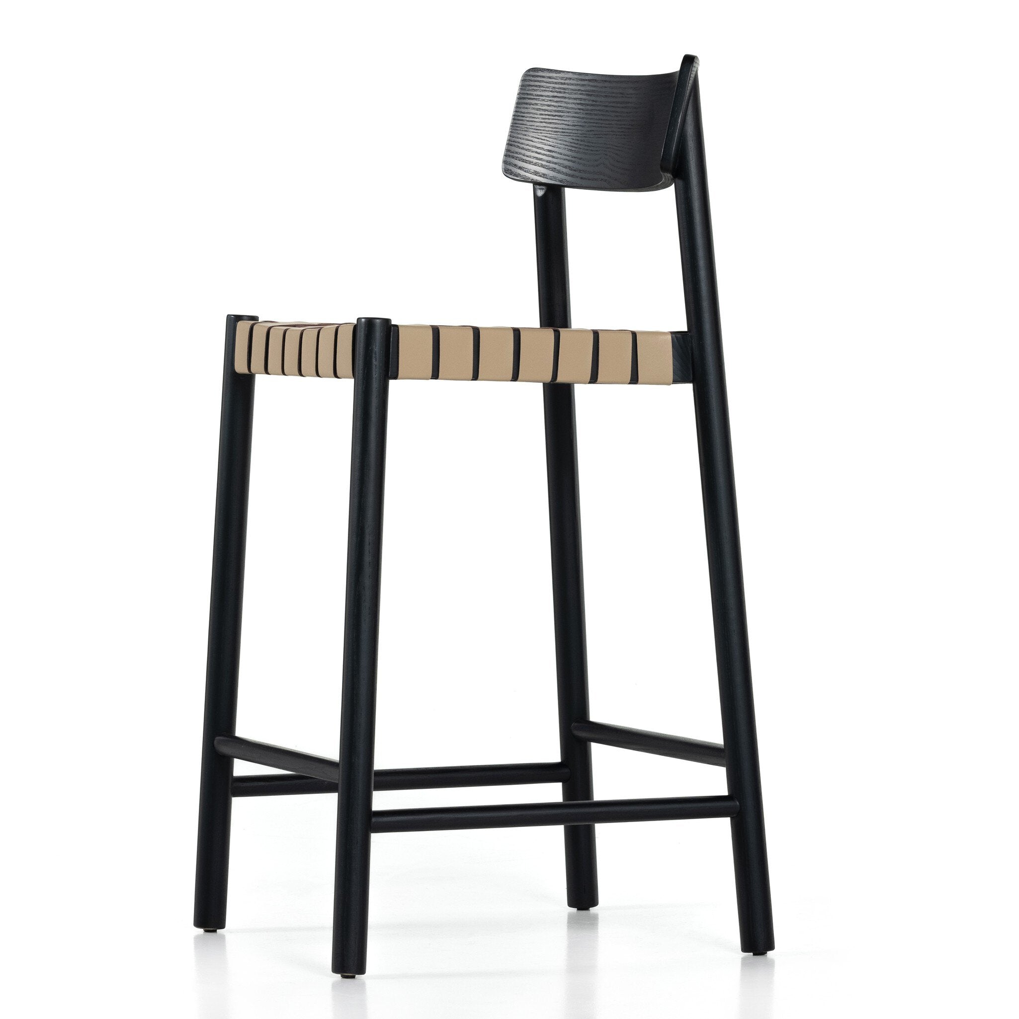 Four Hands Heisler Bar + Counter Stool — Almond Leather Blend-Black-Black Veneer-Counter