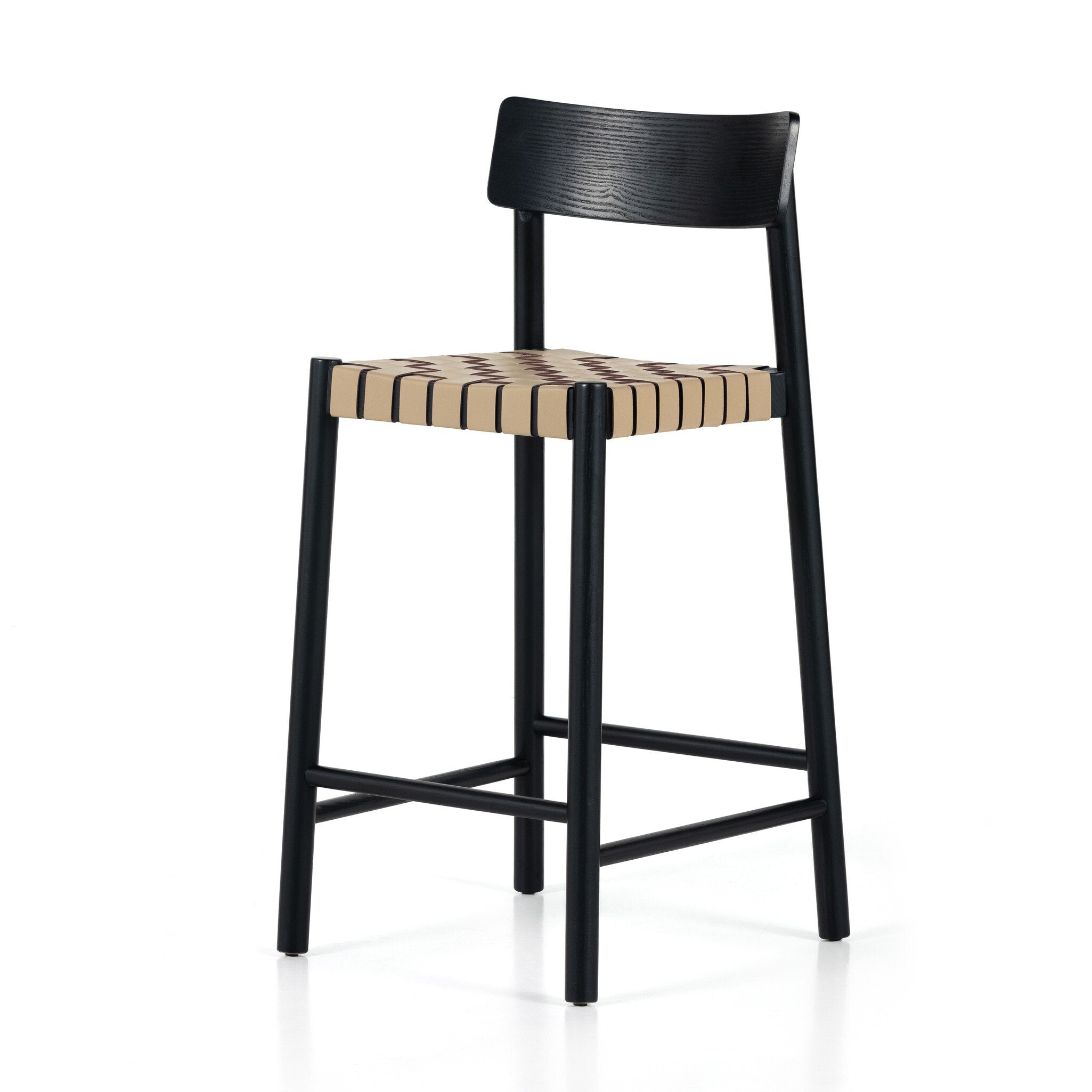 Four Hands Heisler Bar + Counter Stool — Almond Leather Blend-Black-Black Veneer-Counter