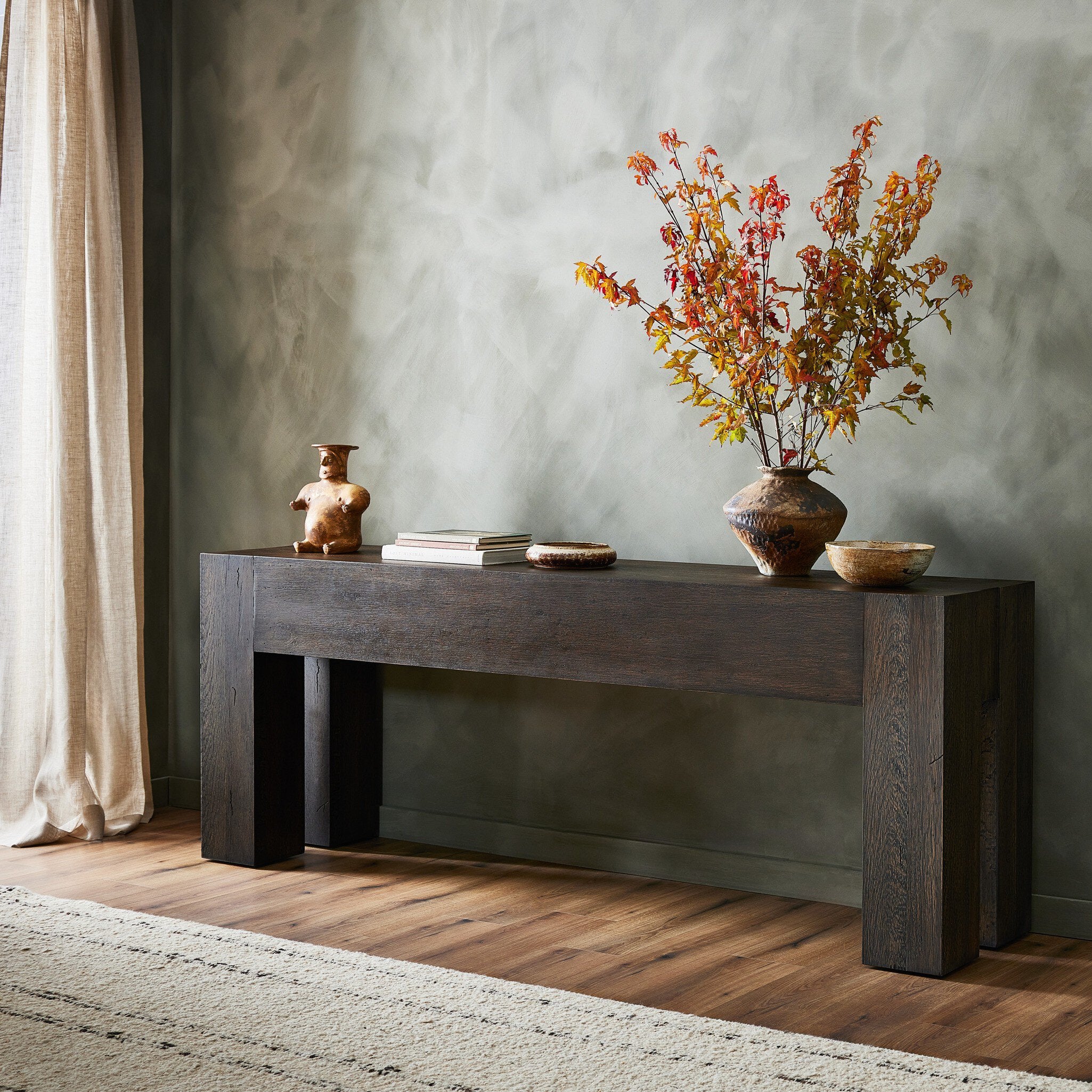 Four Hands Abaso Console Table — Ebony Rustic Wormwood Oak