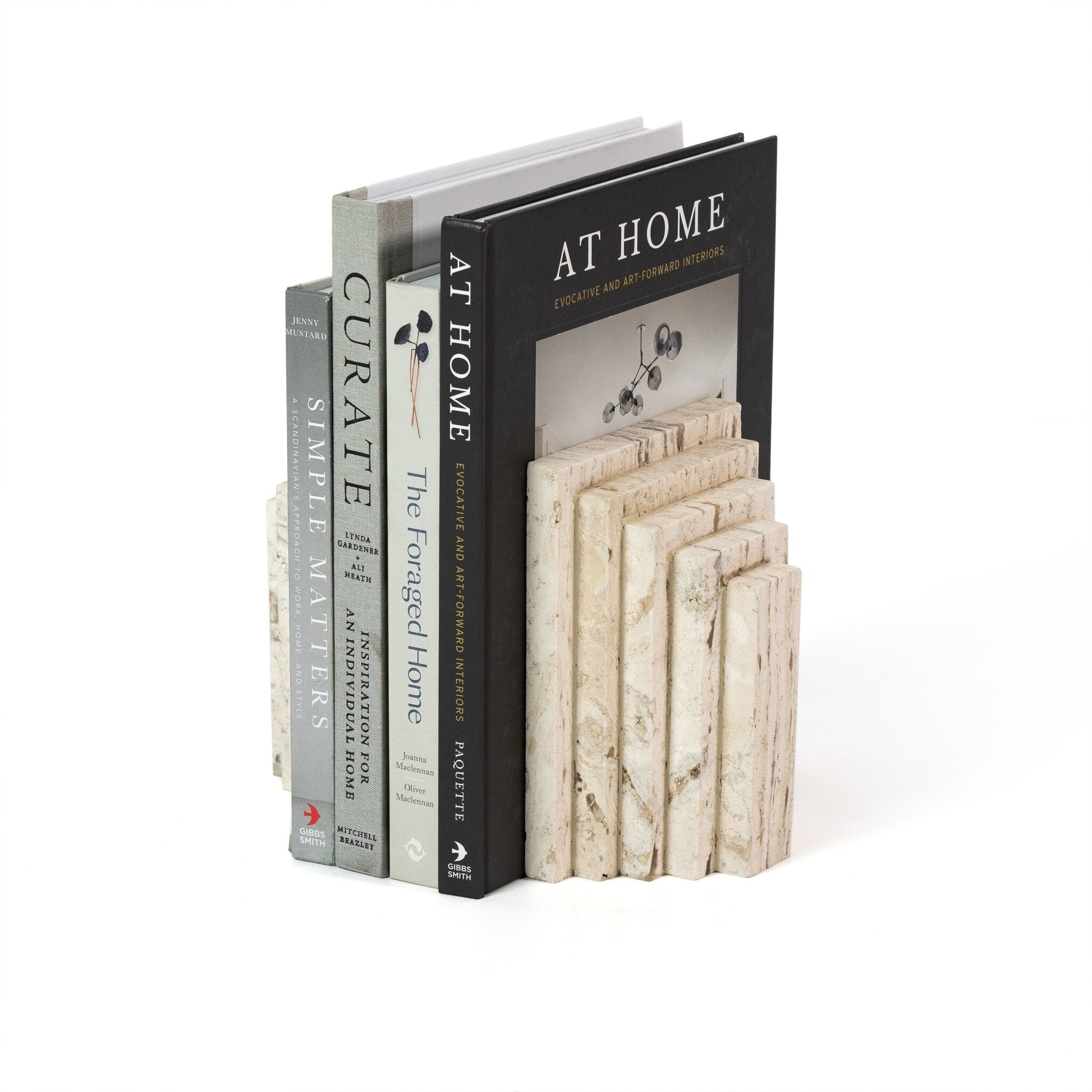 Four Hands Stepped Bookends — White Travertine