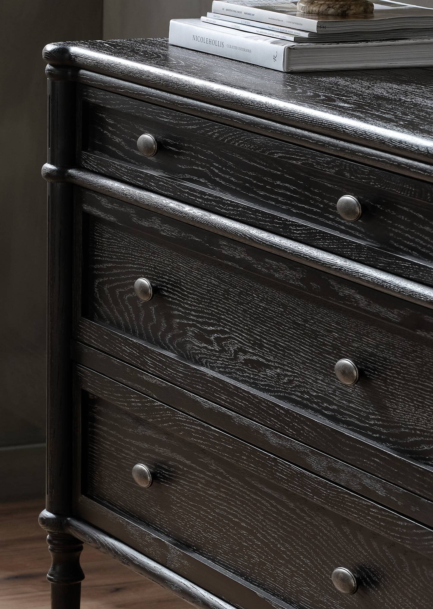 Four Hands Toulouse Chest — Distressed Black-Distressed Black Oak-Aged Brass