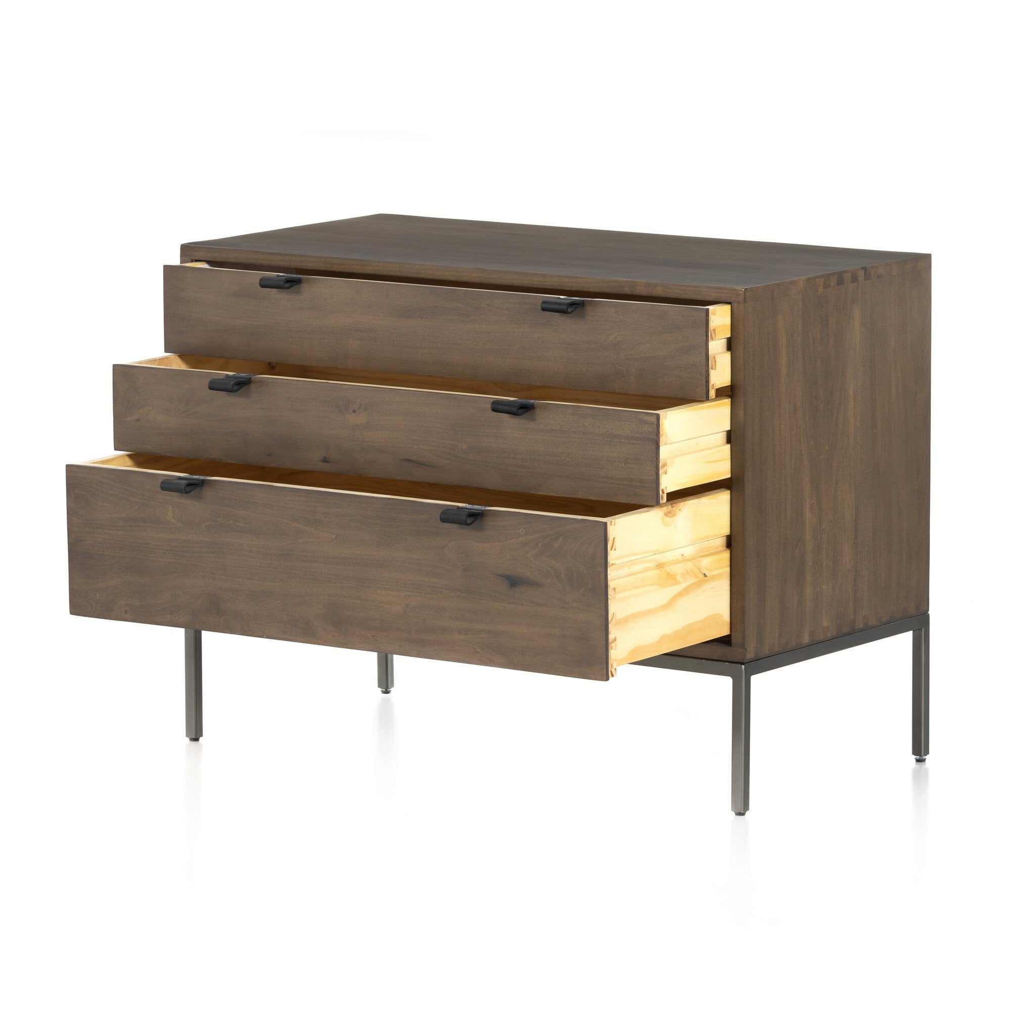 Four Hands Trey Large Nightstand — Auburn Poplar-Natural Iron-Black Leather