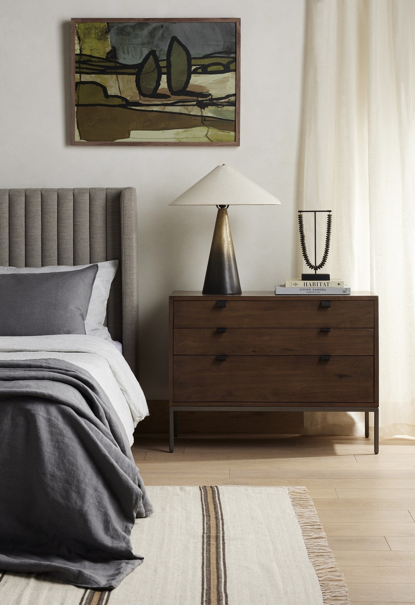 Four Hands Trey Large Nightstand — Auburn Poplar-Natural Iron-Black Leather