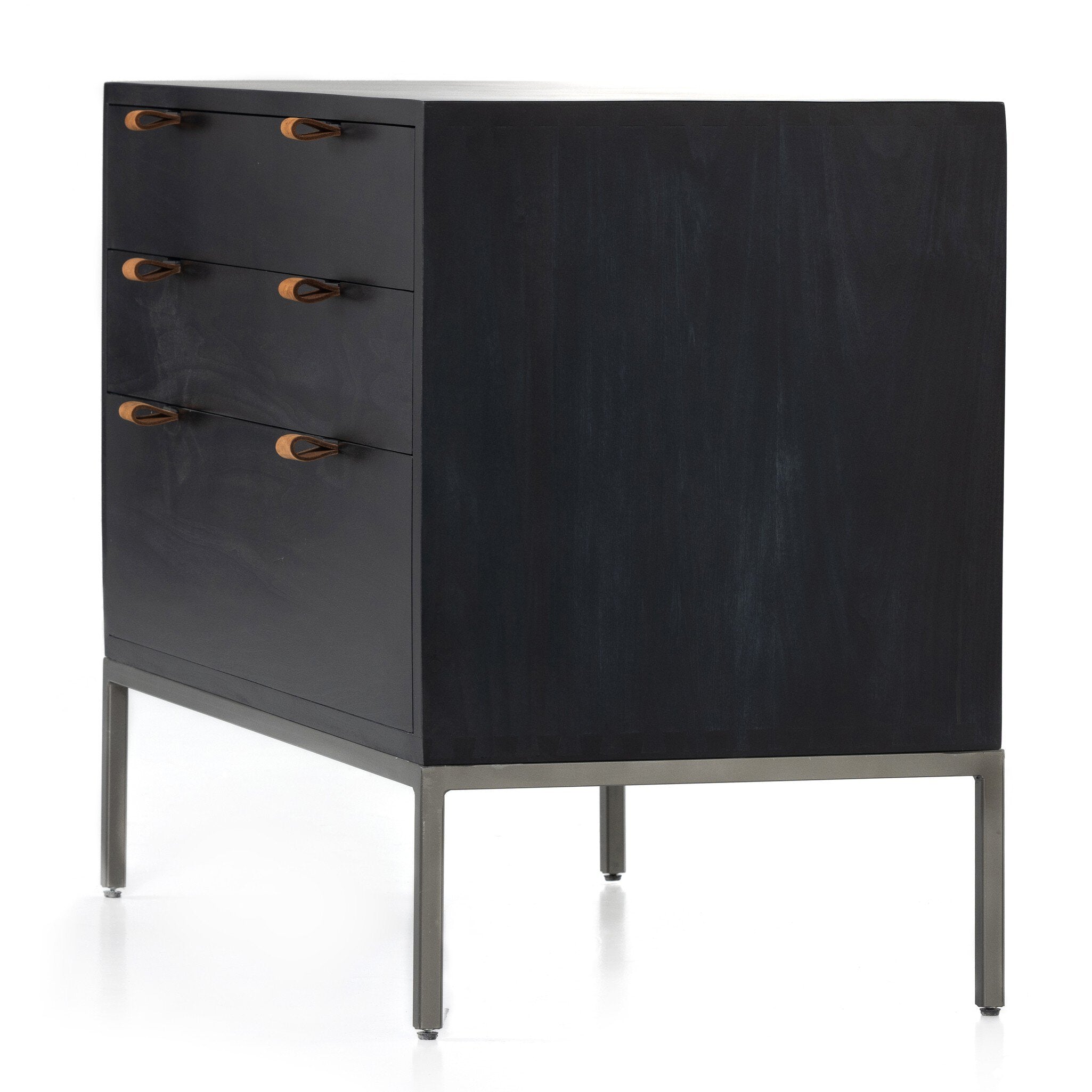 Four Hands Trey Large Nightstand — Black Wash Poplar-Natural Iron-Toffee Leather