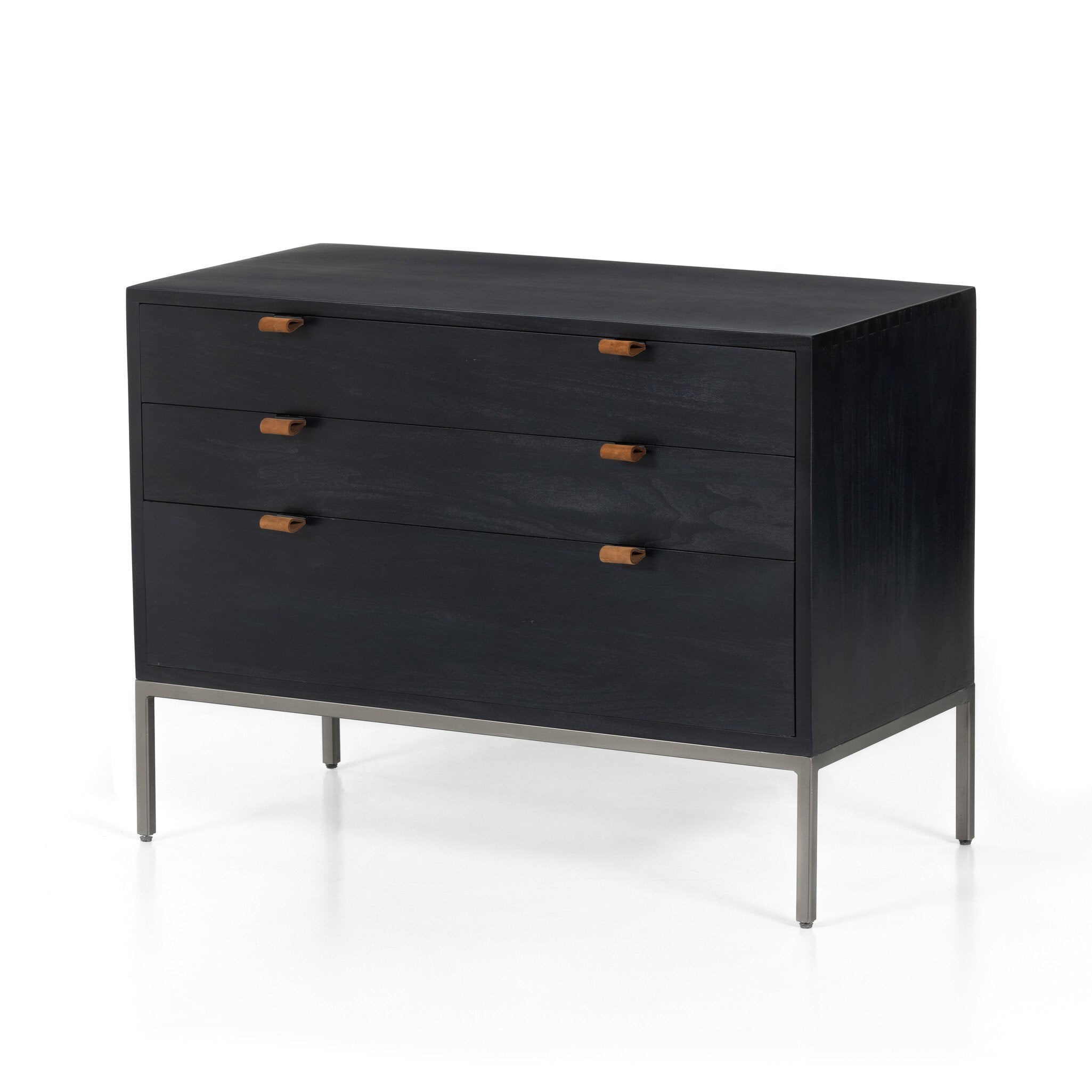 Four Hands Trey Large Nightstand — Black Wash Poplar-Natural Iron-Toffee Leather