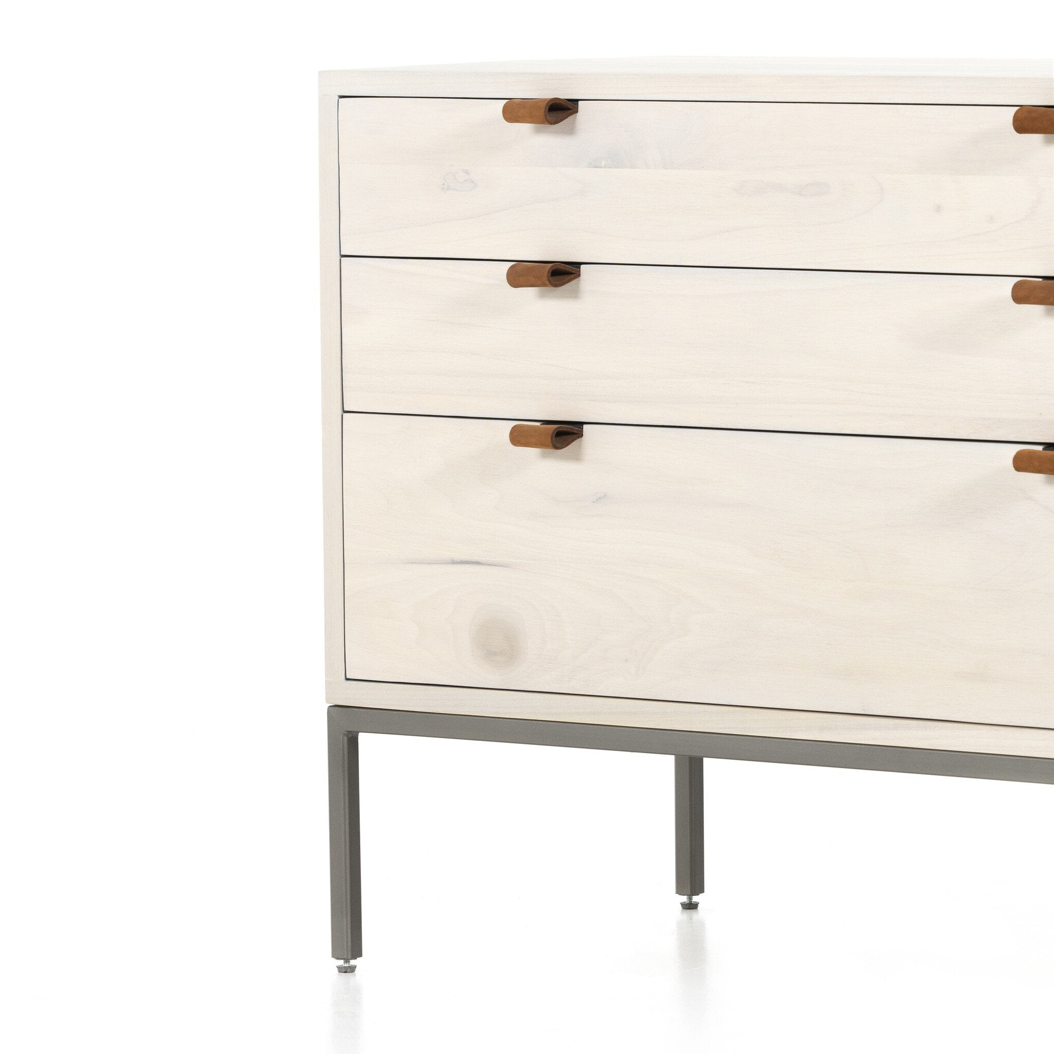 Four Hands Trey Large Nightstand — Dove Poplar-Natural Iron-Toffee Leather