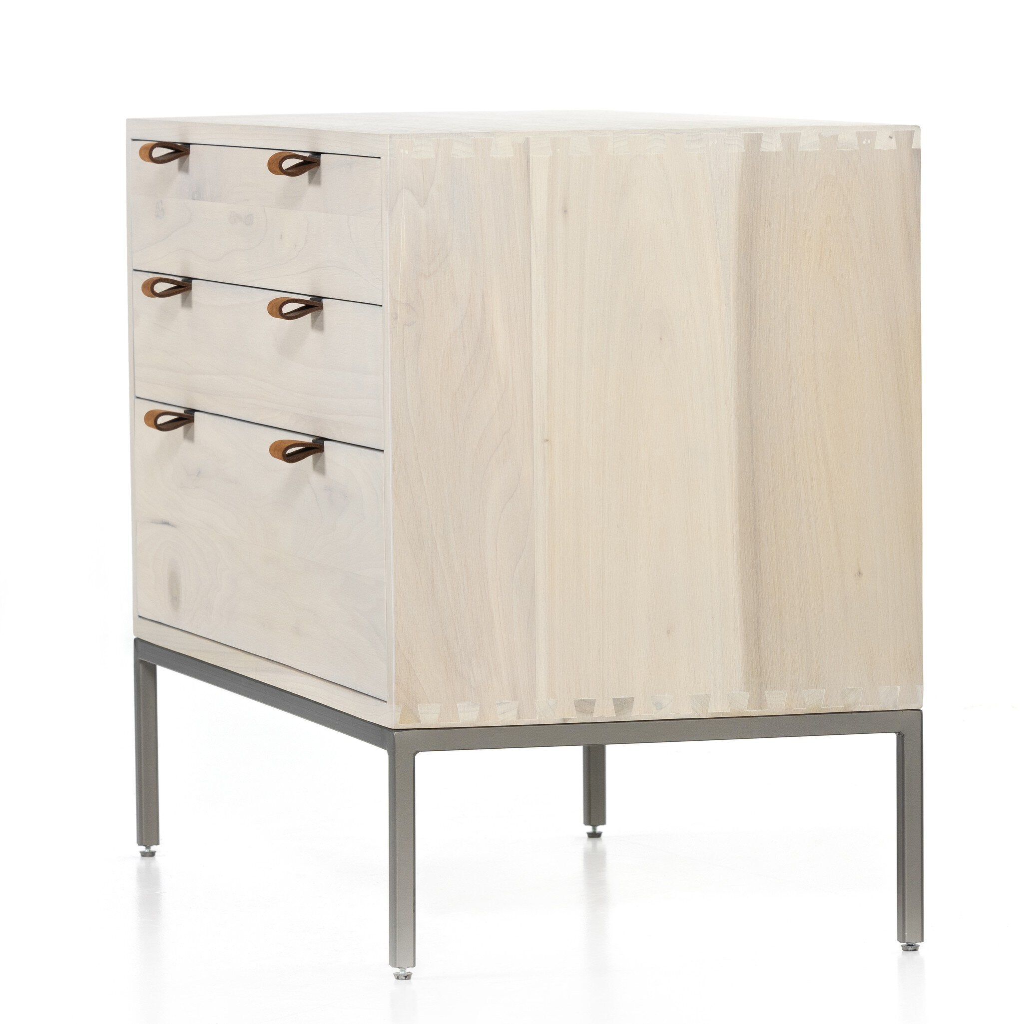 Four Hands Trey Large Nightstand — Dove Poplar-Natural Iron-Toffee Leather