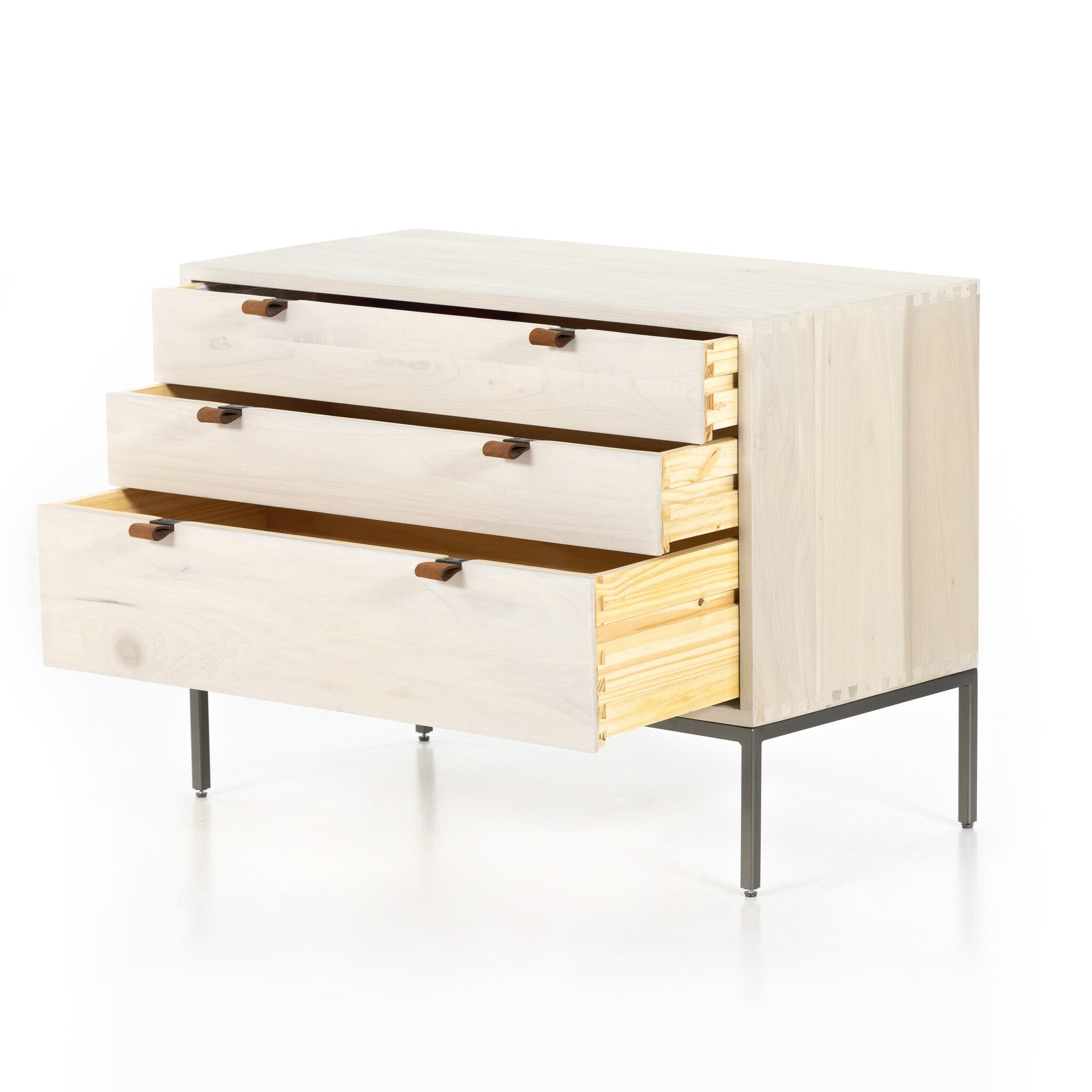 Four Hands Trey Large Nightstand — Dove Poplar-Natural Iron-Toffee Leather