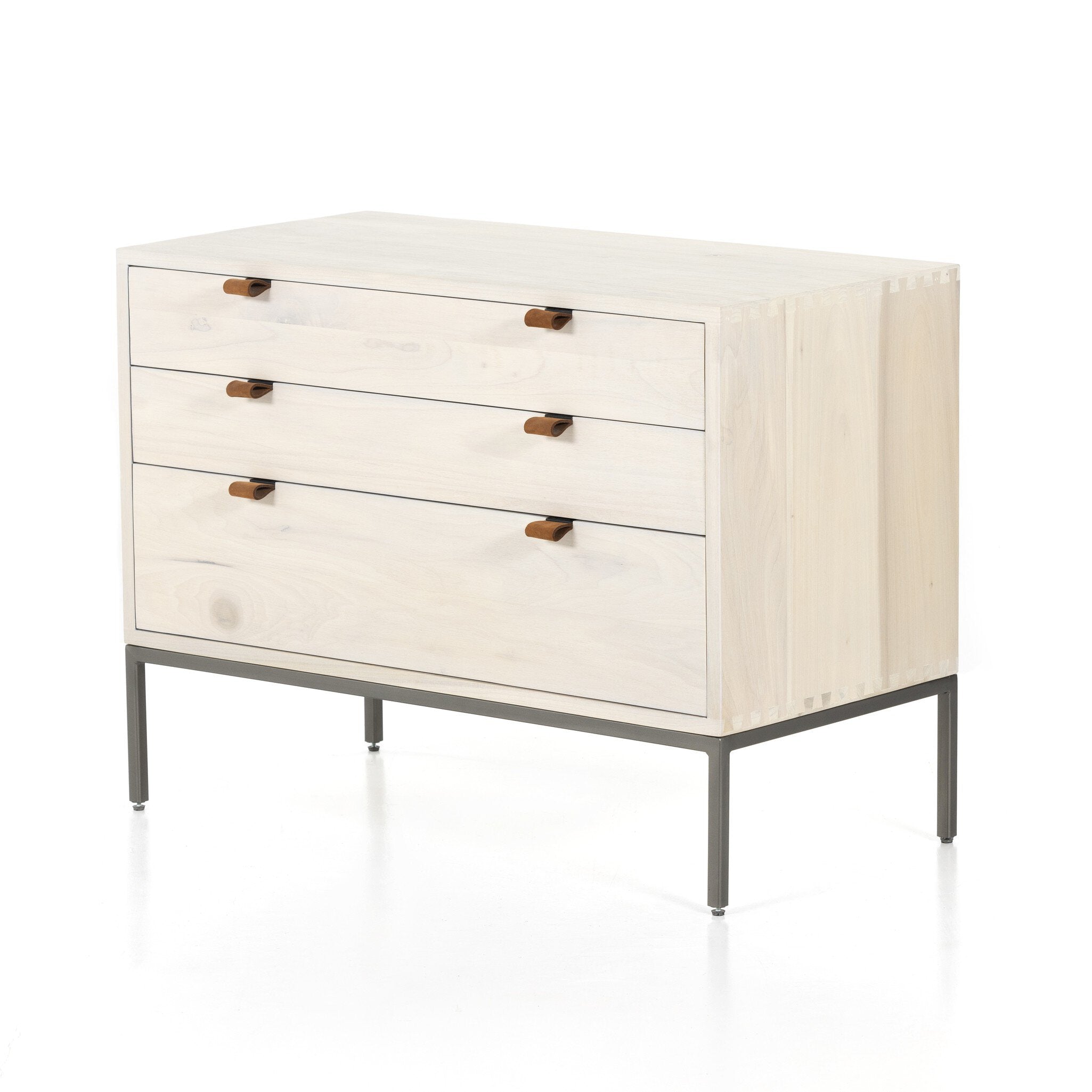 Four Hands Trey Large Nightstand — Dove Poplar-Natural Iron-Toffee Leather
