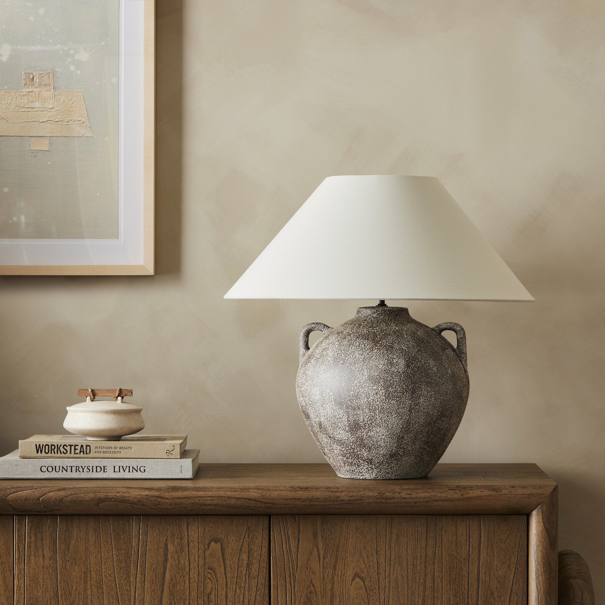 Four Hands Mays Table Lamp — Vintage Brown Porcelain Ceramic-Ivory Linen
