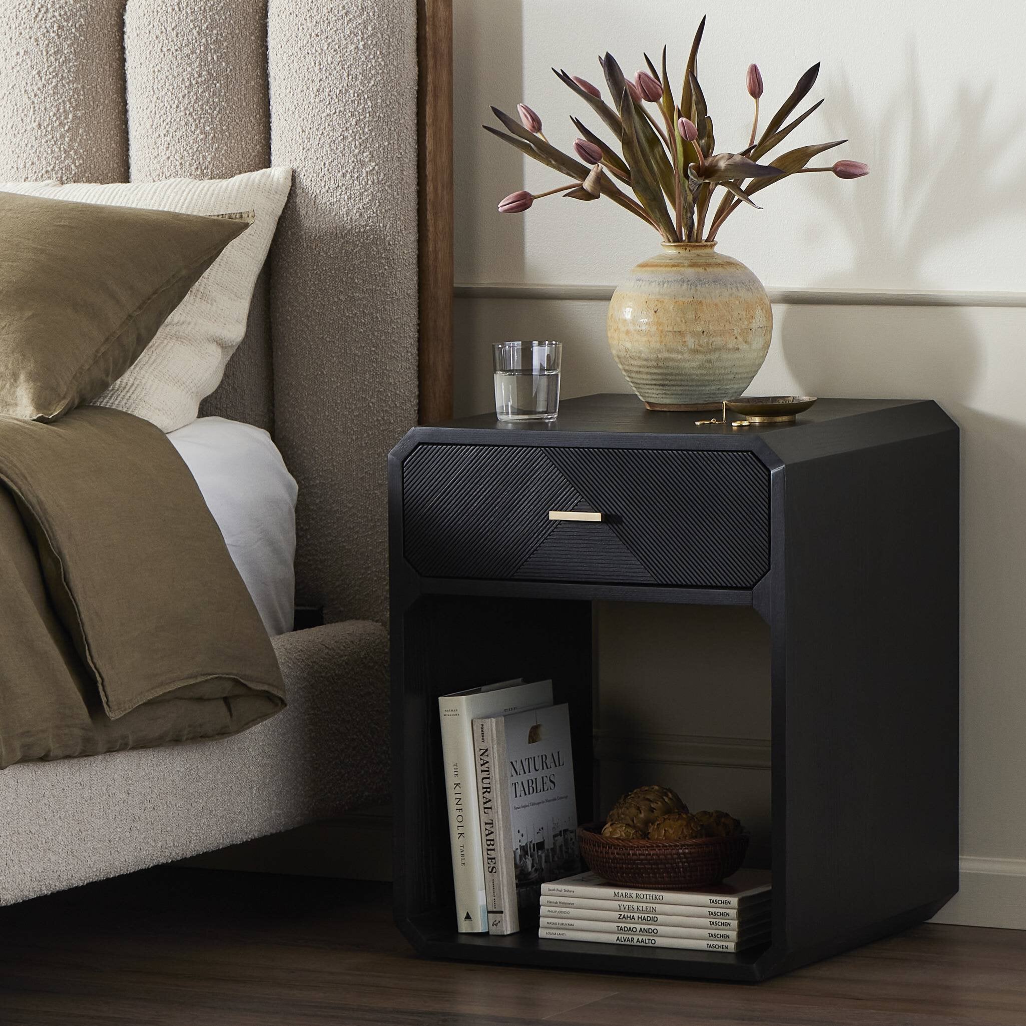 Four Hands Caspian Nightstand — Black Ash Veneer-Black Ash-Satin Brass