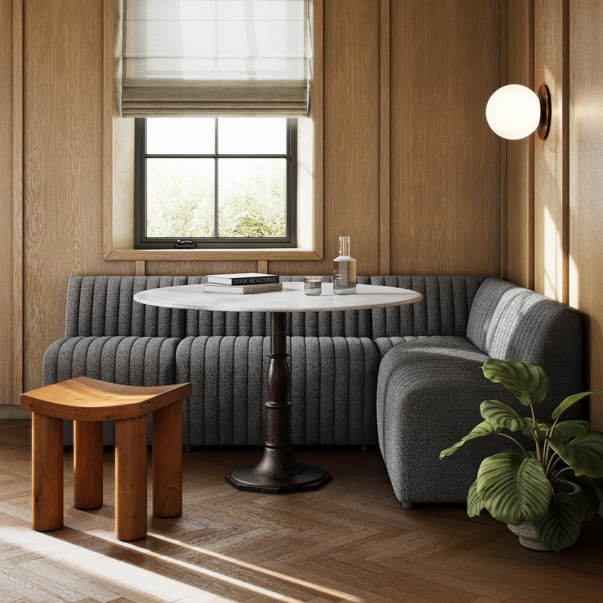 Four Hands Augustine Dining Banquette, L-Shape — FIQA Boucle Charcoal