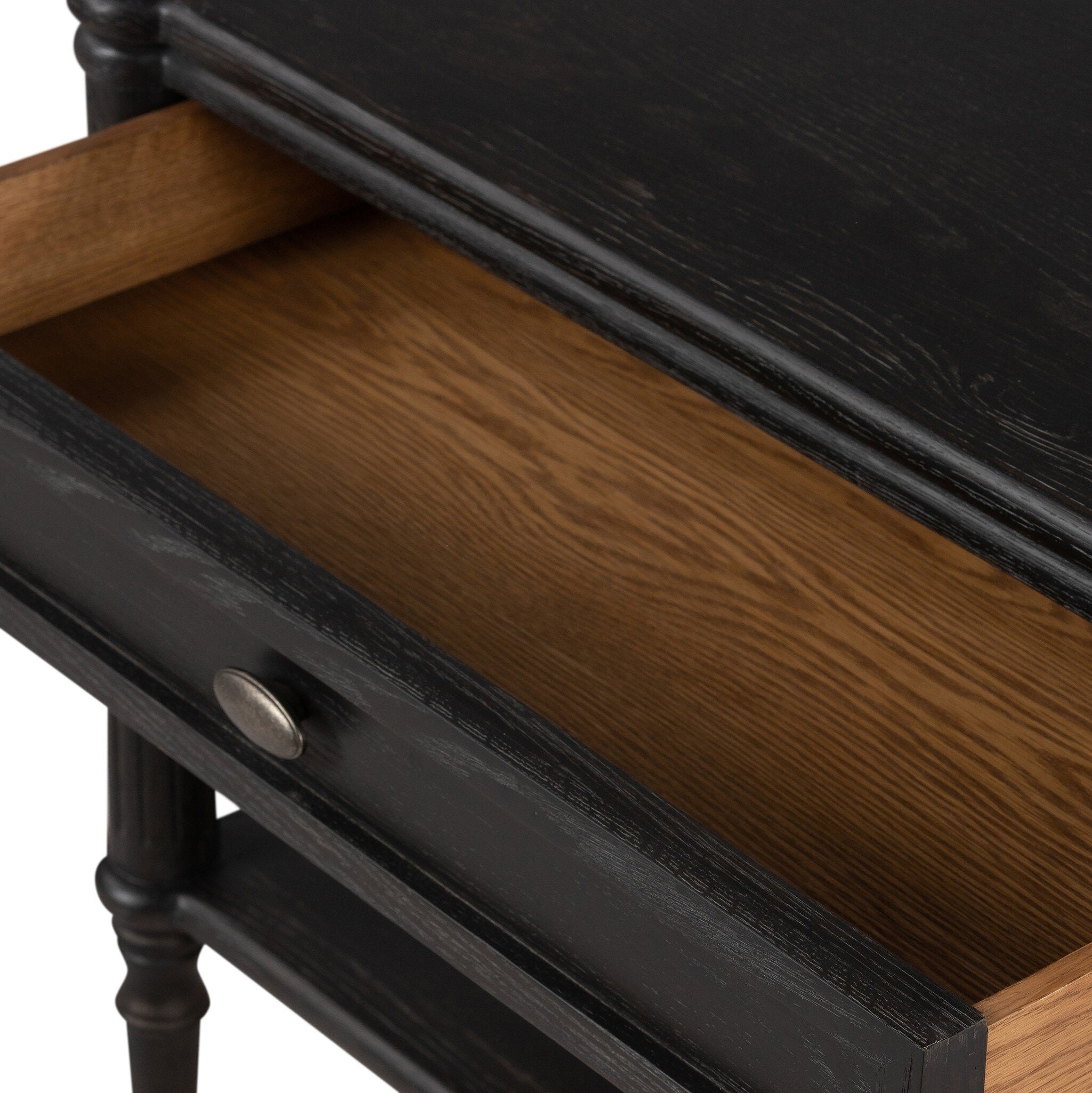 Four Hands Toulouse Nightstand — Distressed Black-Distressed Black Oak-Aged Brass