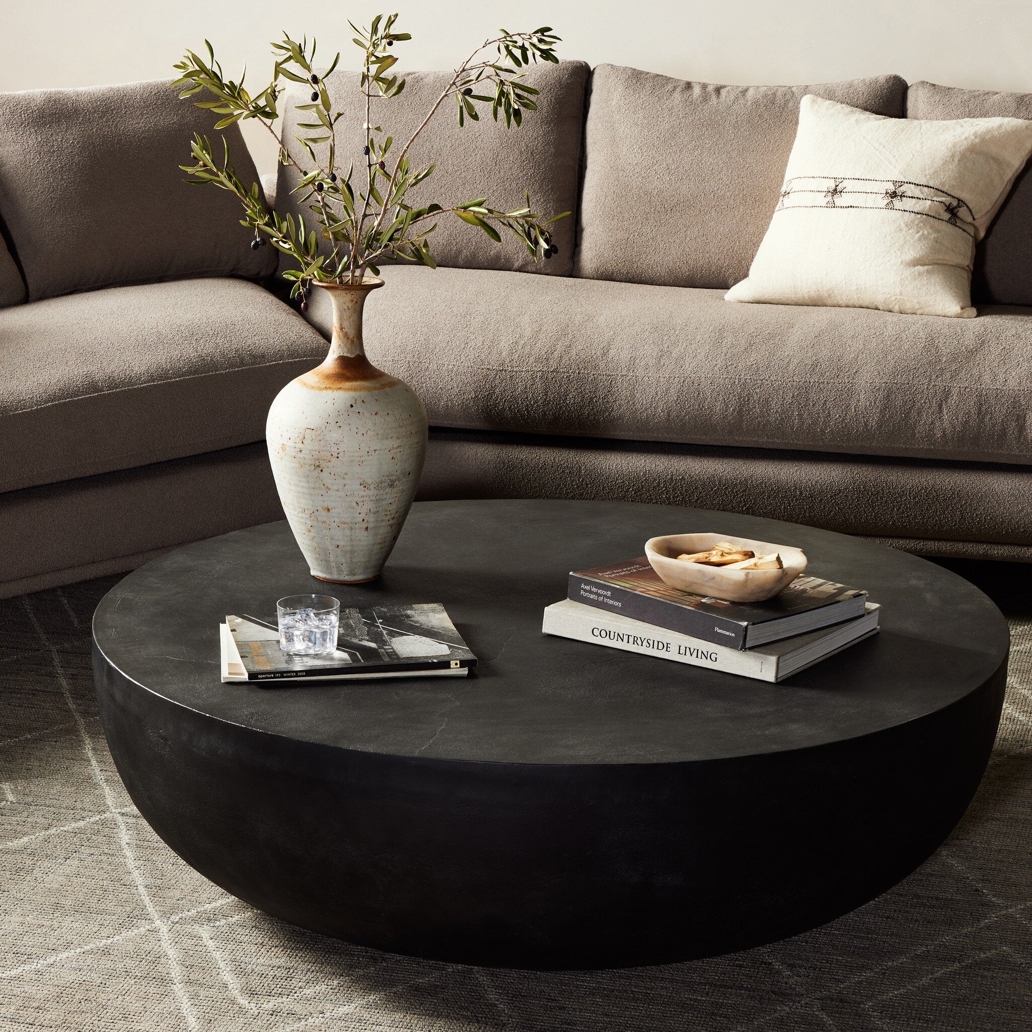 Four Hands Basil Outdoor Round Coffee Table — Aged Grey