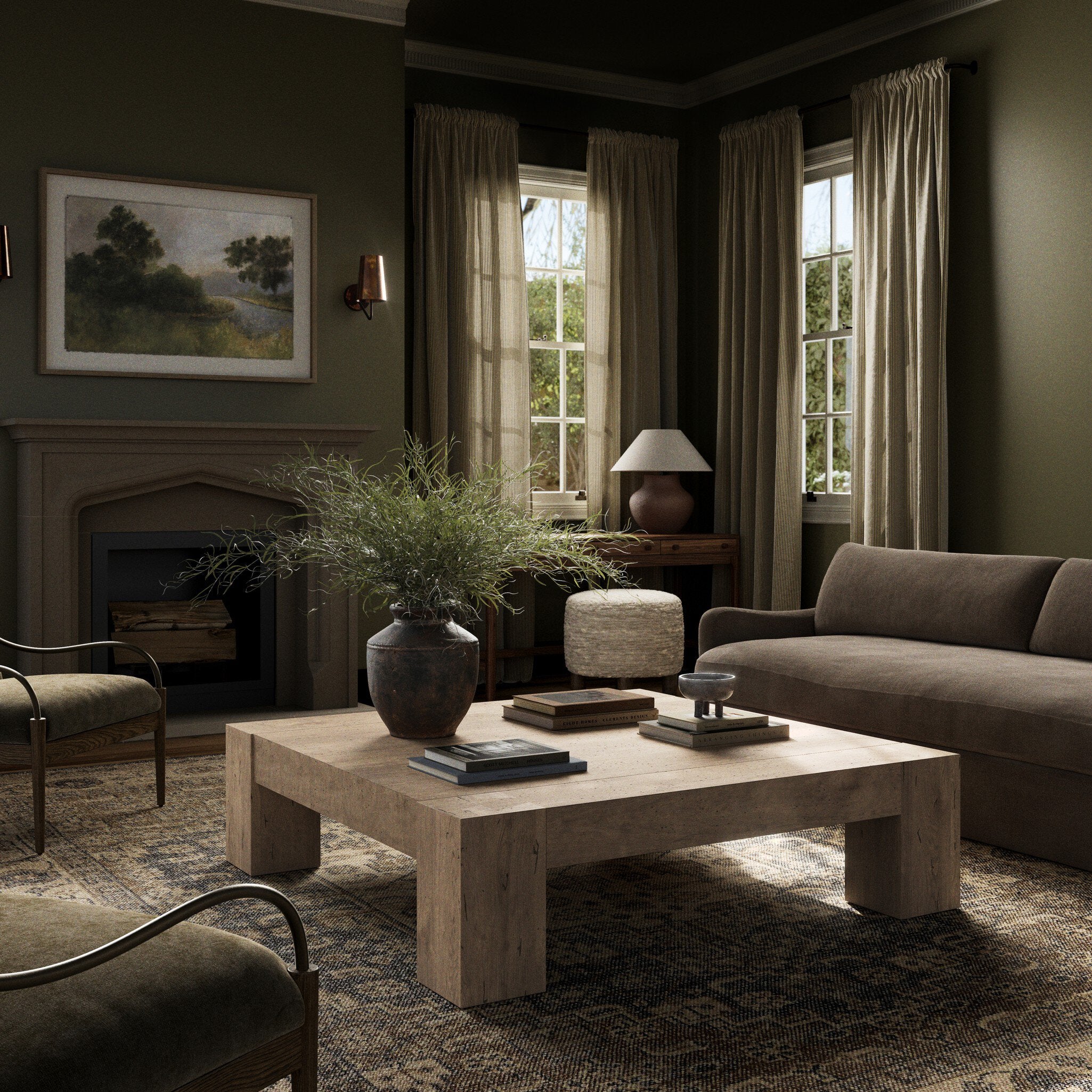 Four Hands Abaso Coffee Table — Whitewash Rustic Wormwood Oak-Smoked Oak Veneer