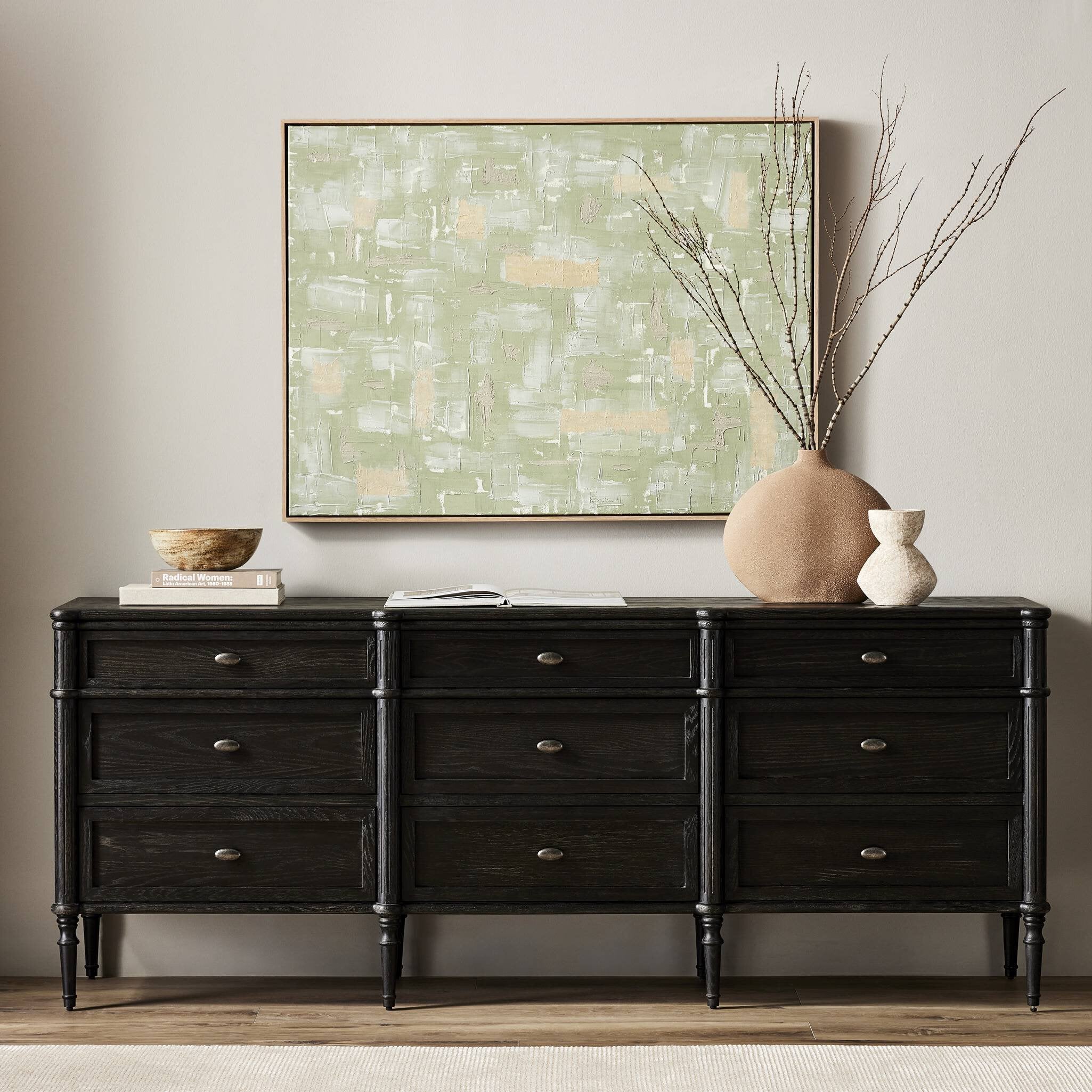 Four Hands Toulouse 9 Drawer Dresser — Distressed Black-Distressed Black Oak-Aged Brass
