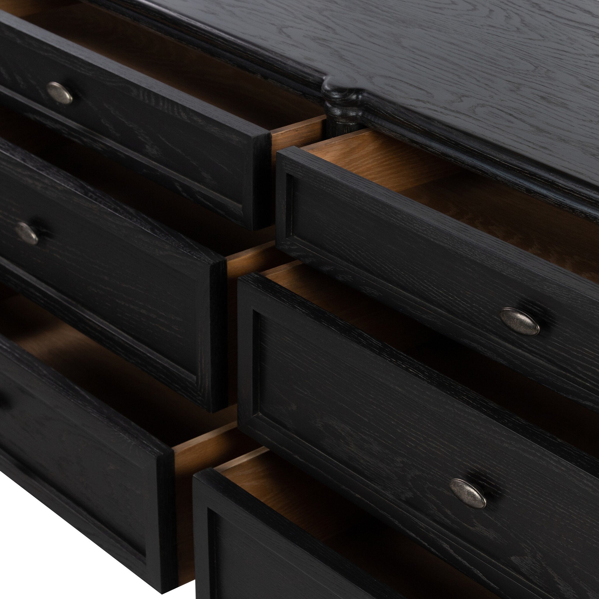 Four Hands Toulouse 6 Drawer Dresser — Distressed Black-Distressed Black Oak-Aged Brass