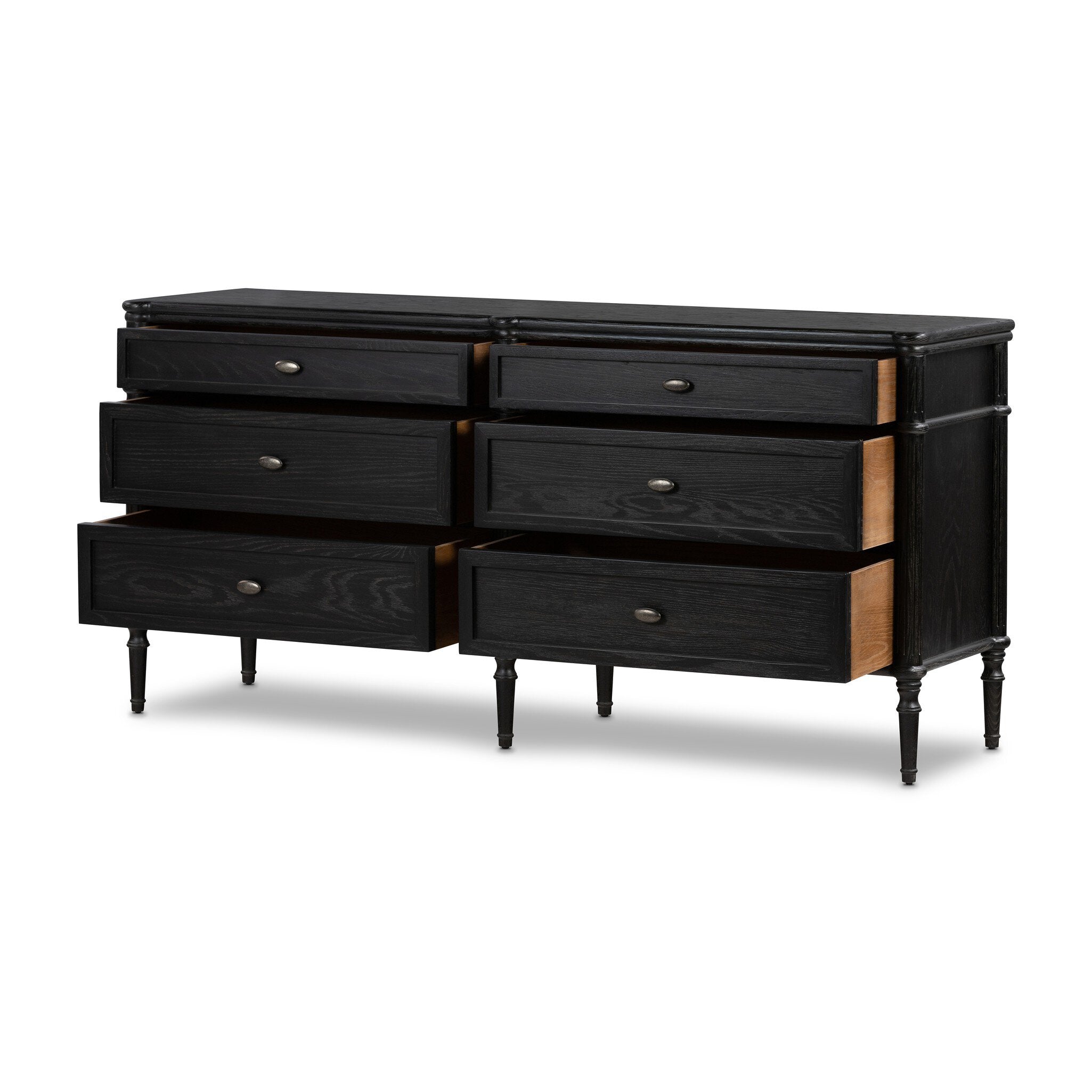 Four Hands Toulouse 6 Drawer Dresser — Distressed Black-Distressed Black Oak-Aged Brass
