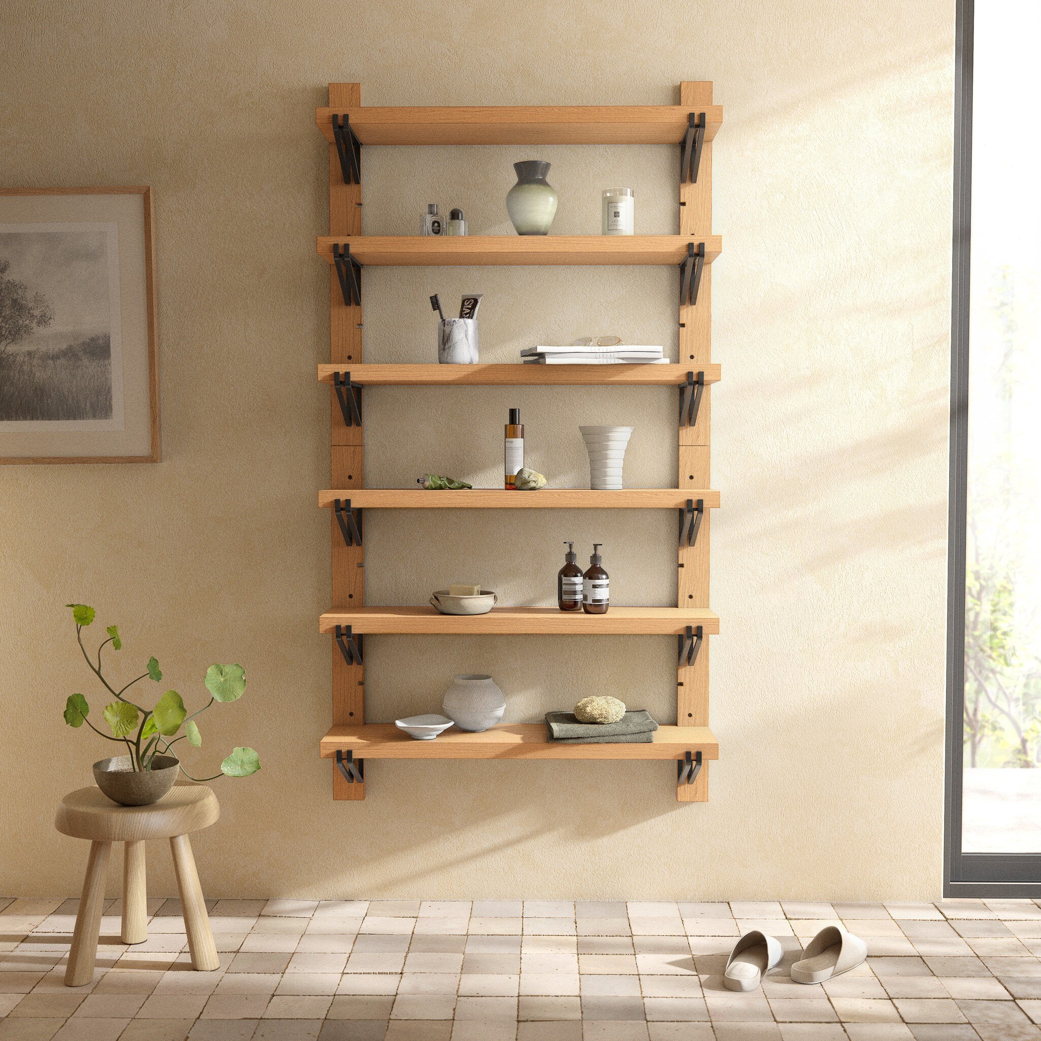 Four Hands Pivott Shelf — Natural Oak Veneer-Dark Iron-Natural Oak