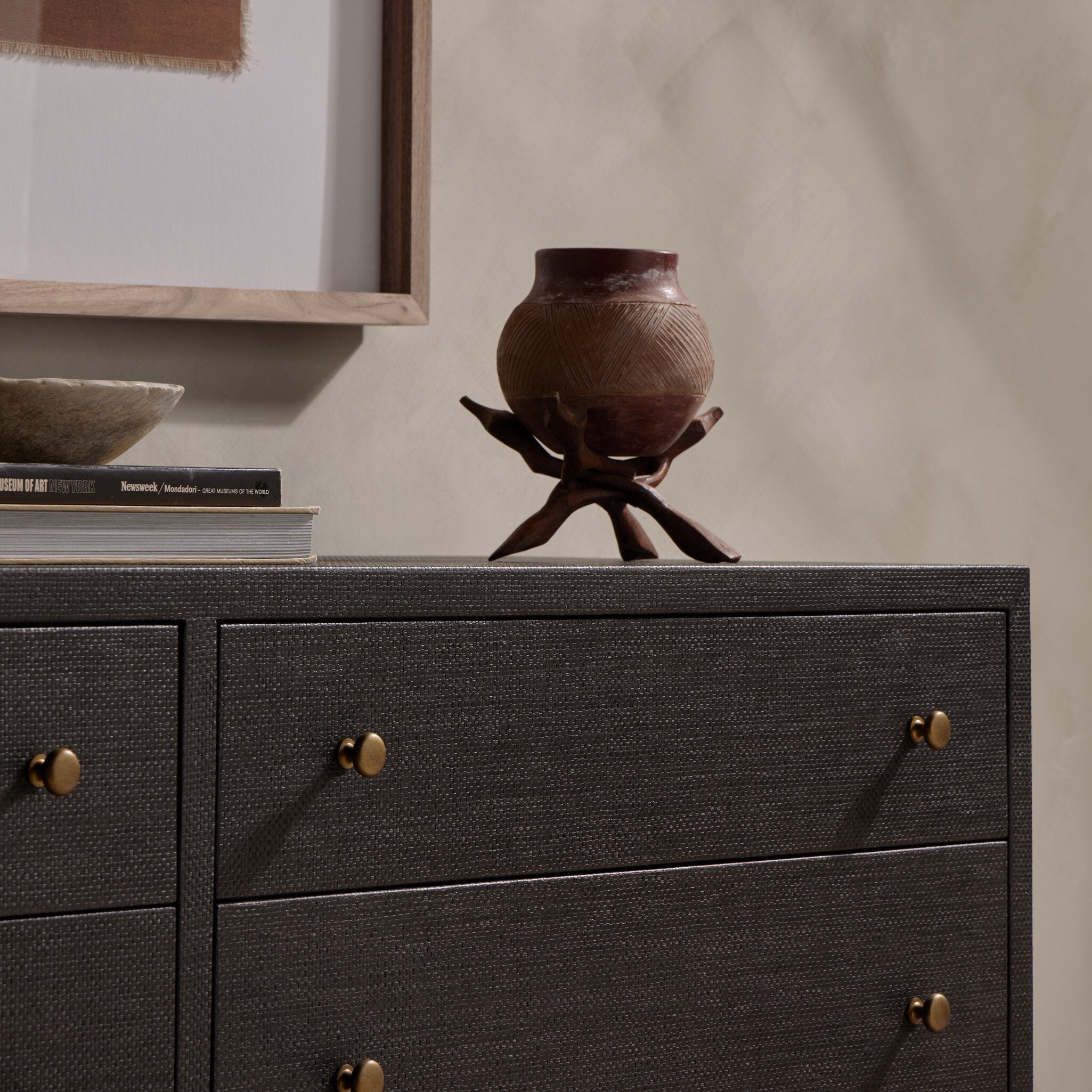 Four Hands Fiona 6 Drawer Dresser — Black Raffia-Russet Mahogany-Light Antique Brass
