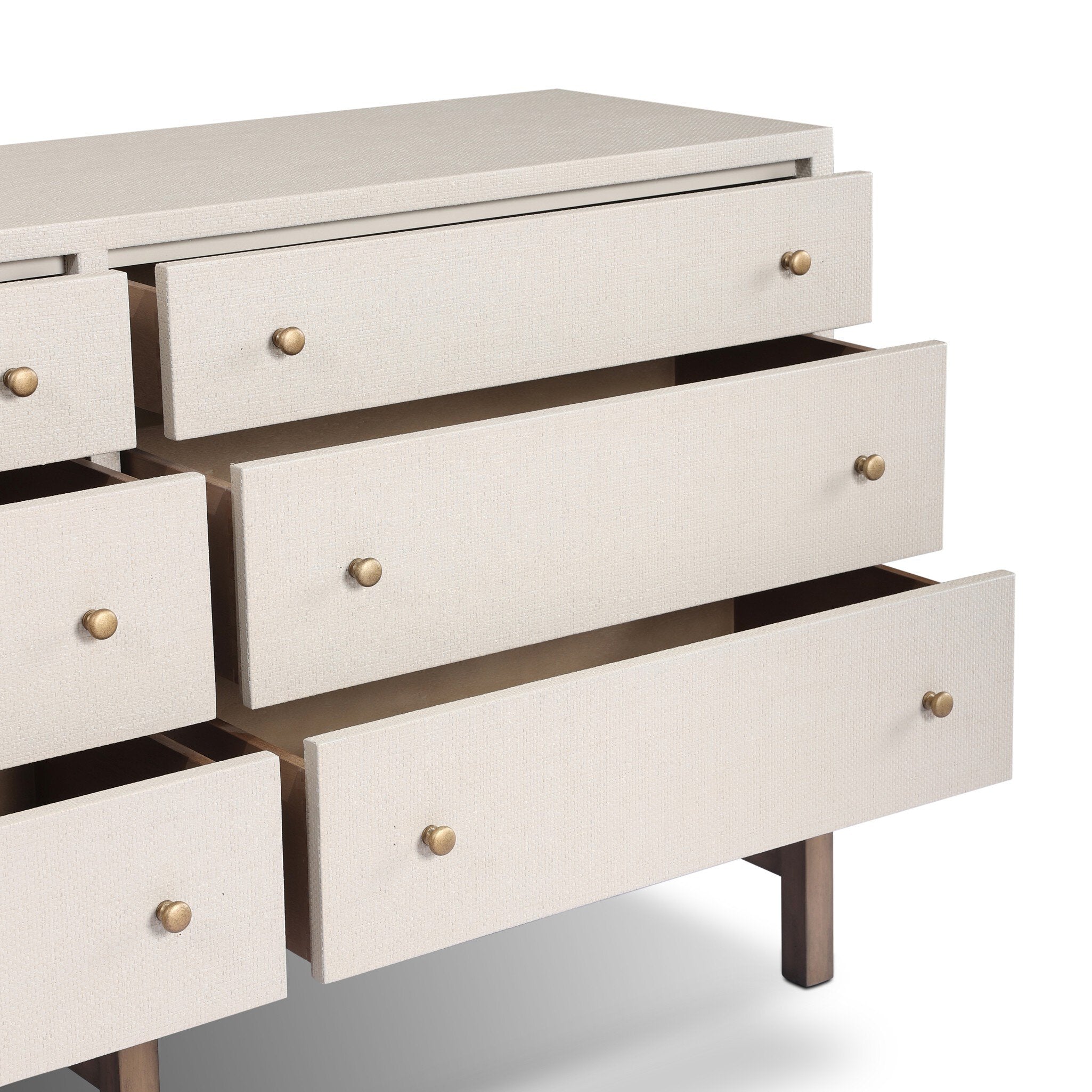 Four Hands Fiona 6 Drawer Dresser — Ivory Painted Raffia-Russet Mahogany-Light Antique Brass