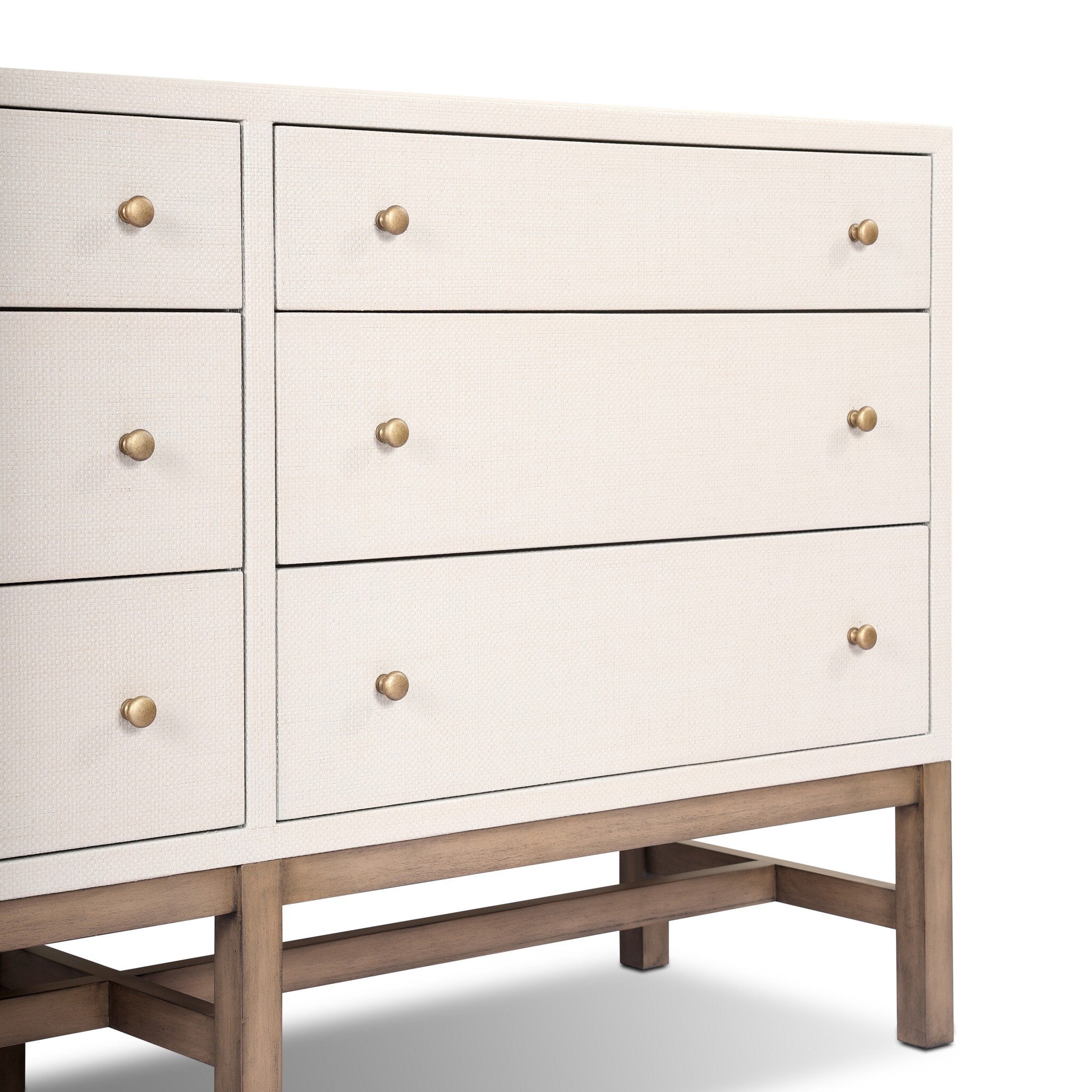 Four Hands Fiona 6 Drawer Dresser — Ivory Painted Raffia-Russet Mahogany-Light Antique Brass