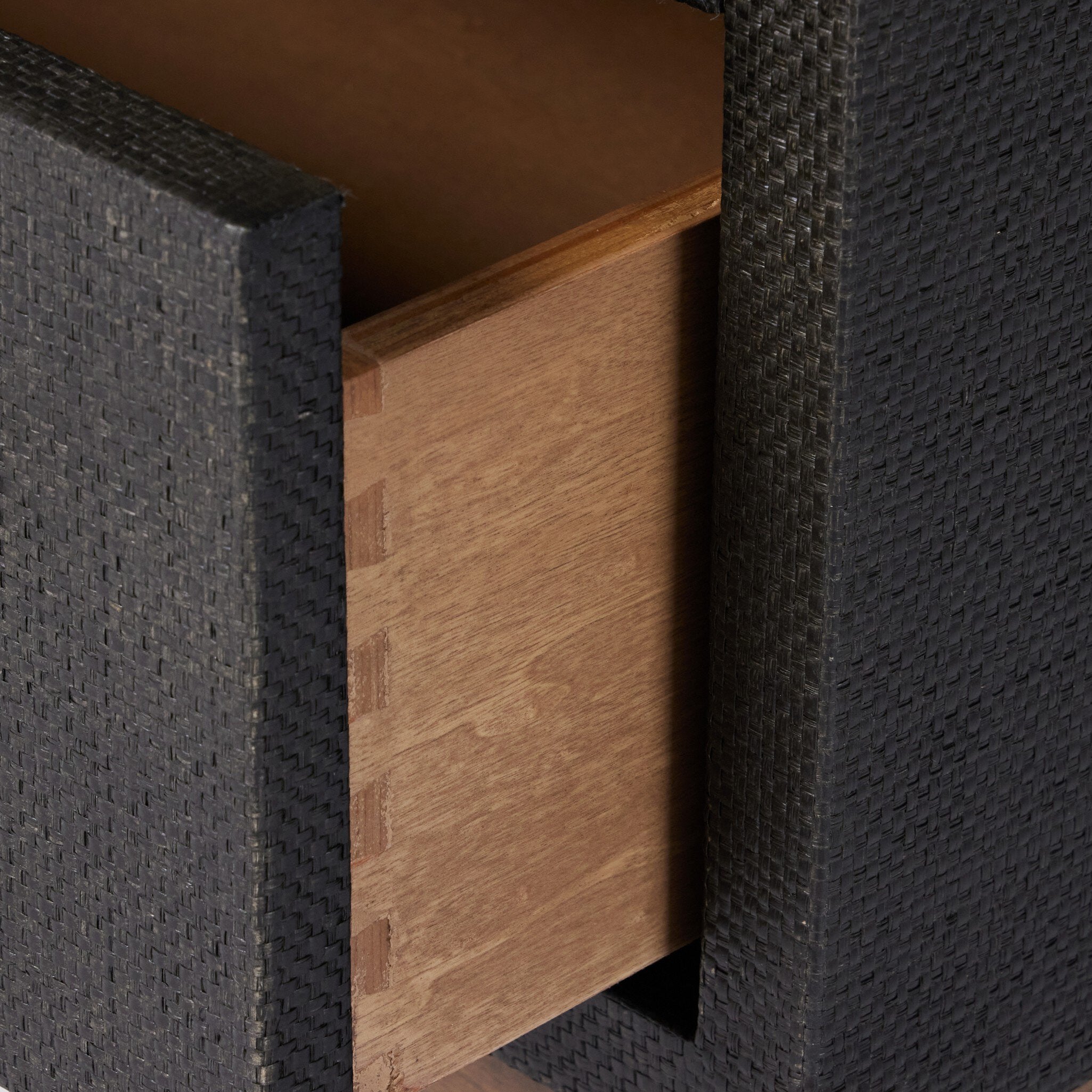Four Hands Fiona Nightstand — Black Raffia-Russet Mahogany-Light Antique Brass